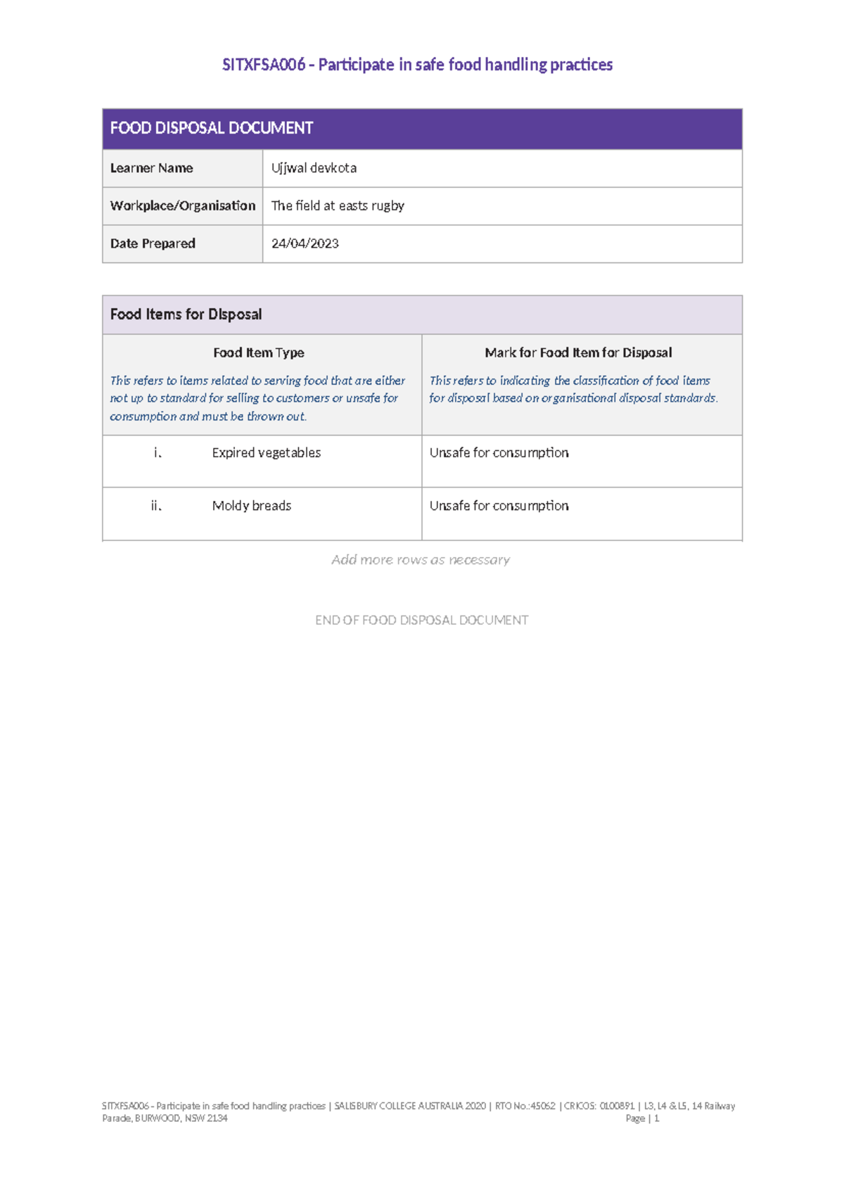 Sitxfsa 006 Food Disposal Template - SITXFSA006 - Participate in safe ...