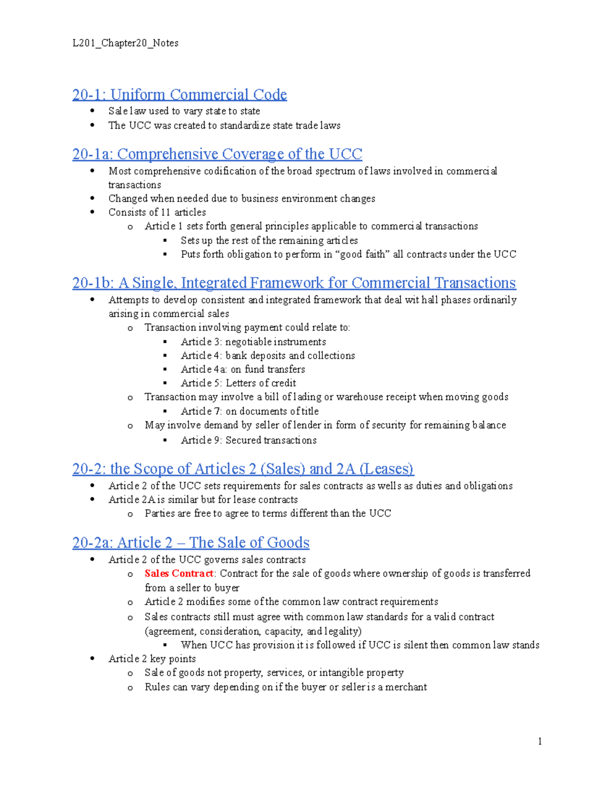 L201 Chapter 20 Notes - 20-1: Uniform Commercial Code Sale law used to ...