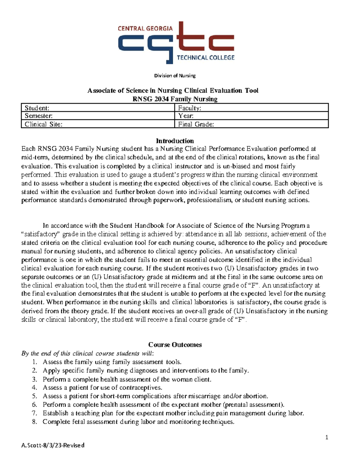 Clinical Evaluation Tool-RNSG 2034 Family Nursing - 1 Division of ...