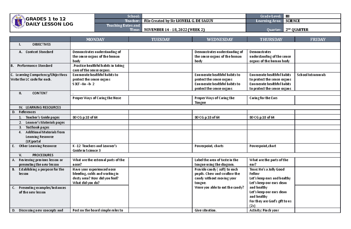 DLL Science 3 Q2 W2 - fdfgr - GRADES 1 to 12 DAILY LESSON LOG School ...