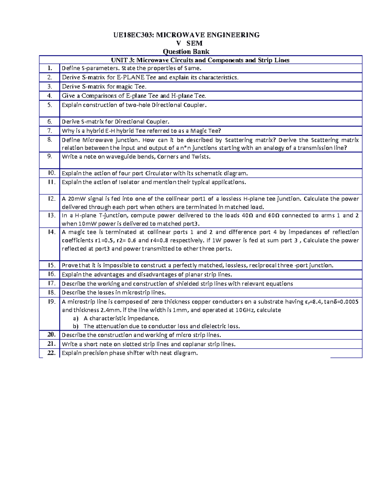 UE18EC303 MWE QB - Prof. Ragavendra - UE18EC 303 : MICROWAVE ...