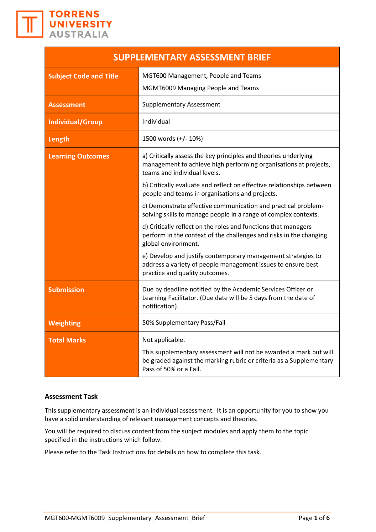 MGT600 MGMT6009 Supplementary Assessment Brief MJ 11042022 V3 ...