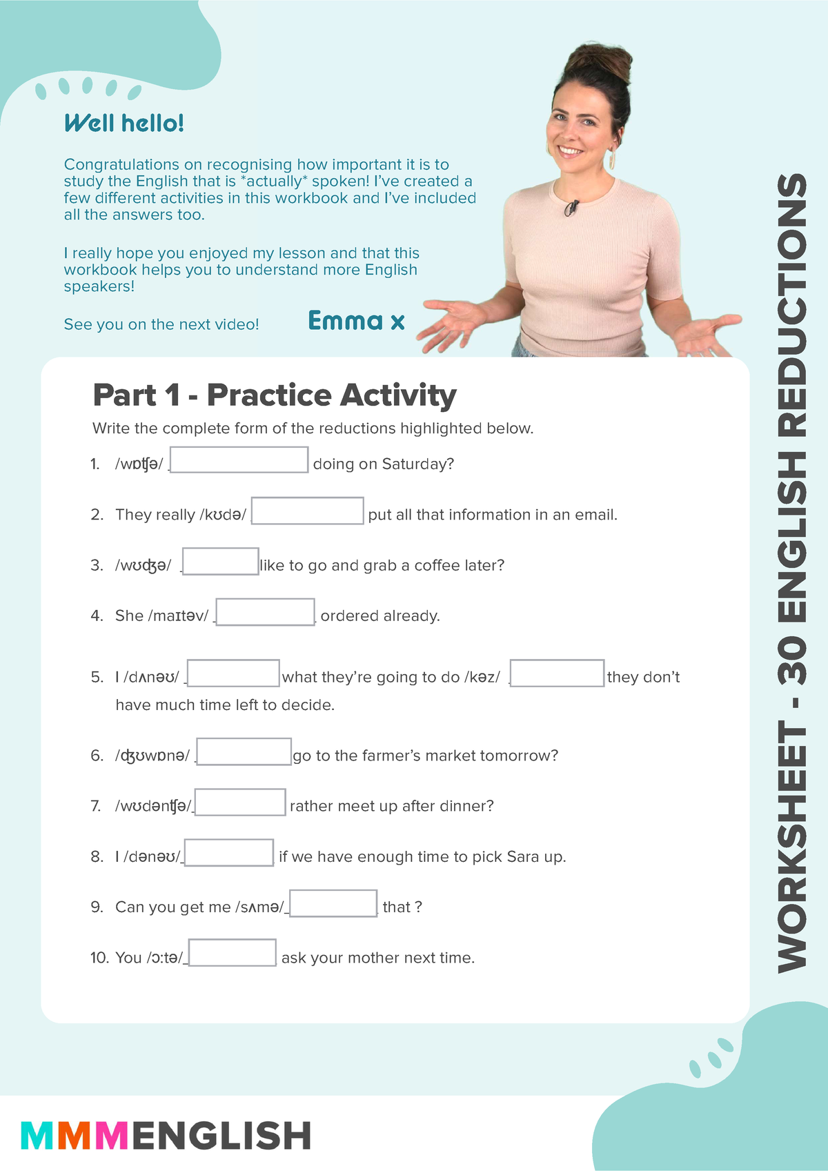 mmm-english-worksheet-30-common-reductions-1-w-doing-on-saturday-they