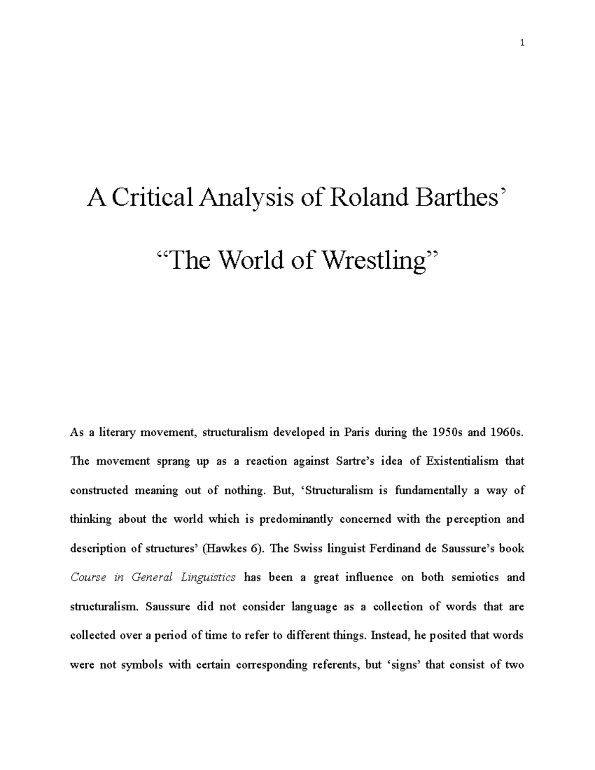 the world of wrestling roland barthes analysis