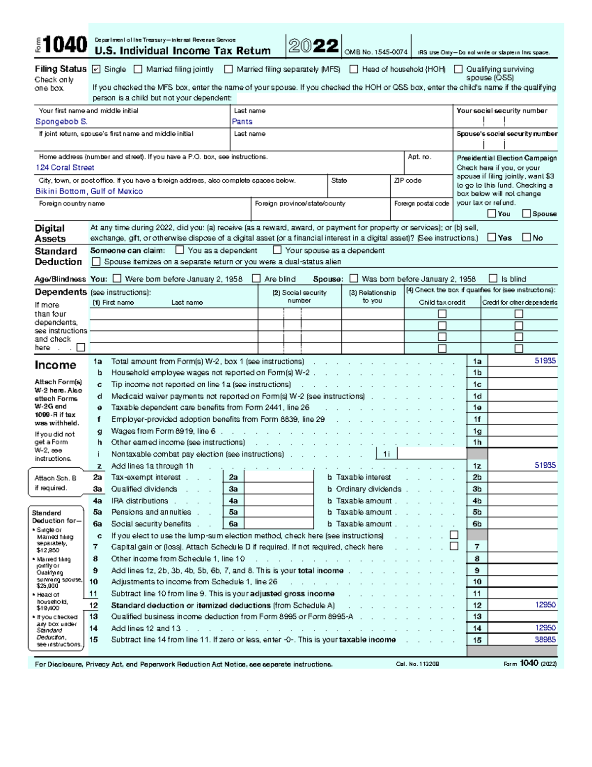 Spongebob Sq - Form 1040 U. Individual Income Tax Return 2022 ...