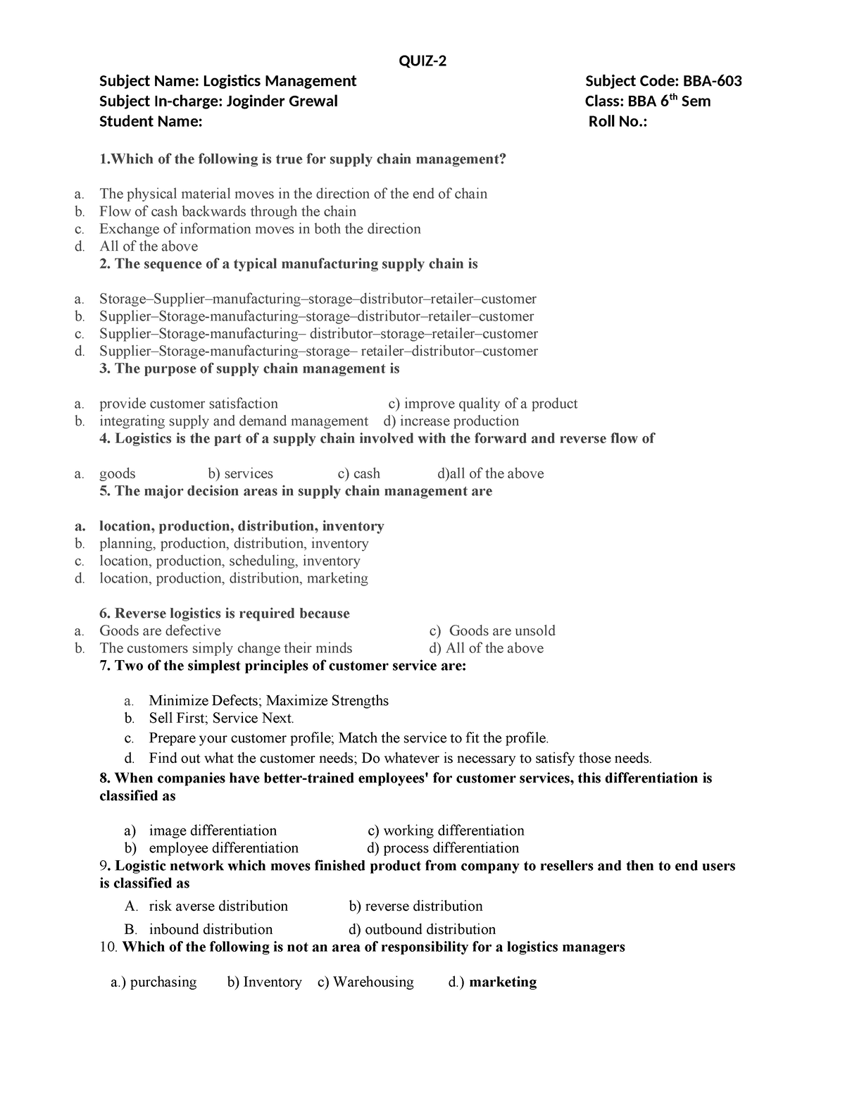 MCQ-2 On Logistics Management - QUIZ- Subject Name: Logistics ...