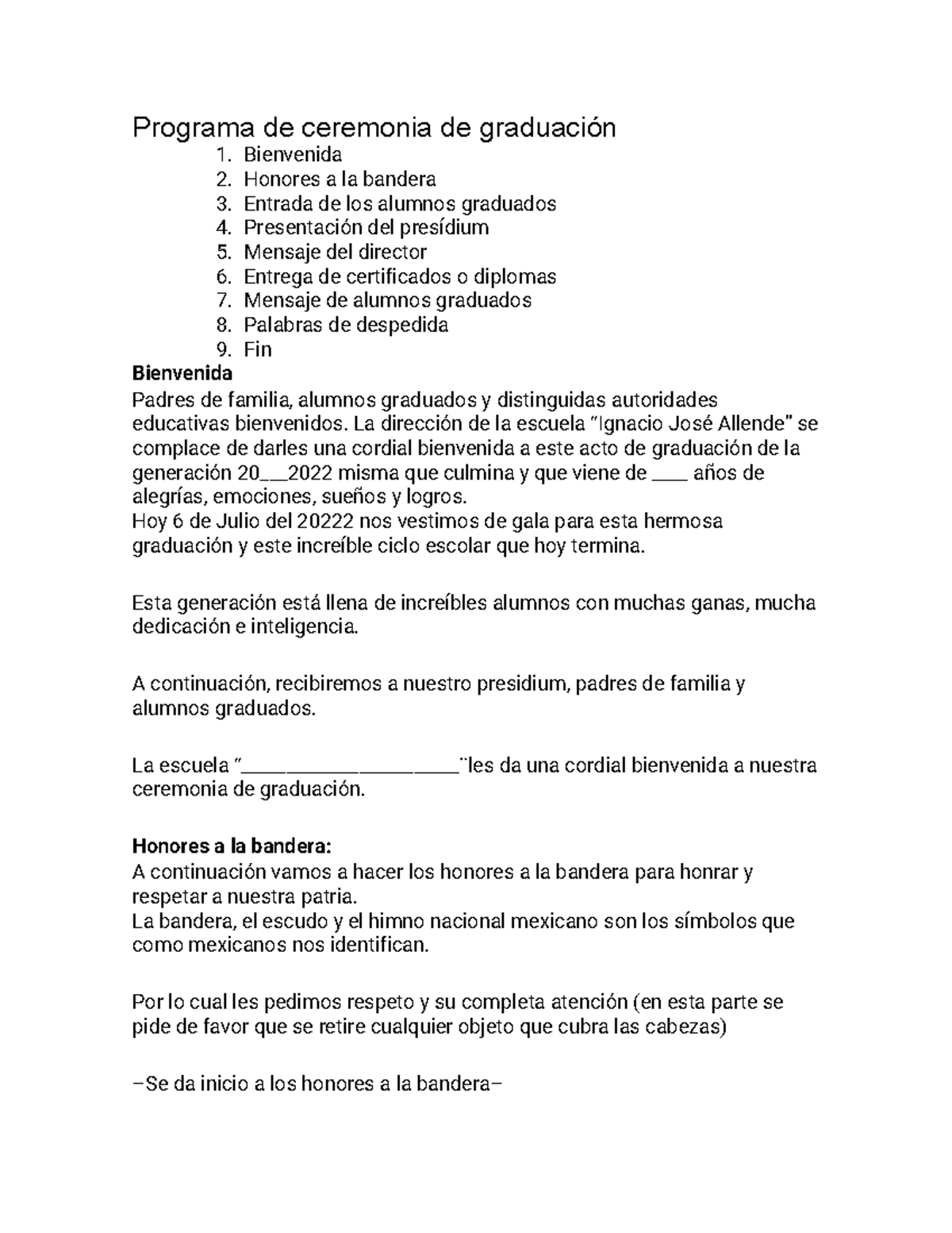 Programa de ceremonia de graduacion - Bienvenida 2. Honores a la ...