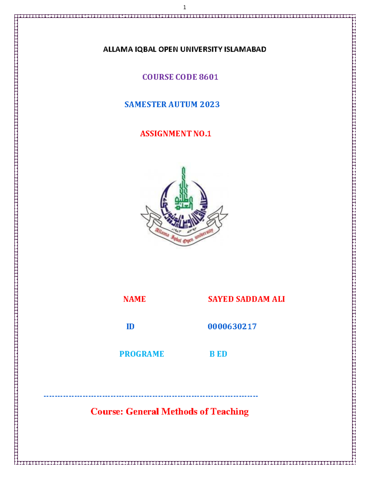 allama iqbal open university assignment 8601