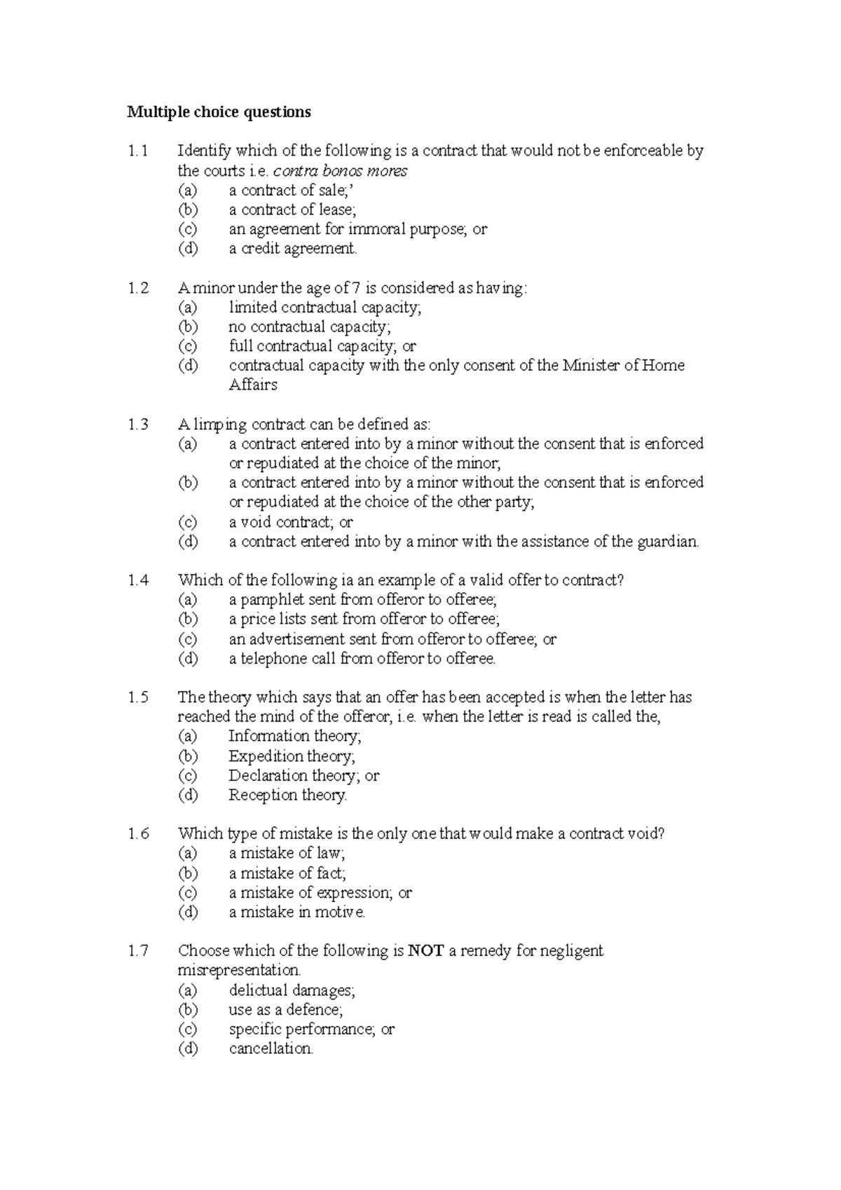 Merc antile Law - Multiple choice questions 1 Identify which of the ...