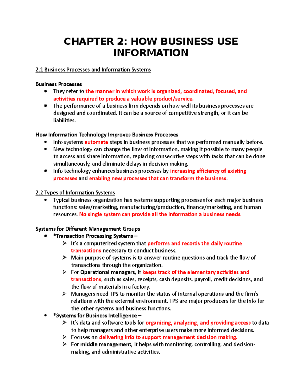 ITM 100 Chapter 2 - Feadfsa - CHAPTER 2: HOW BUSINESS USE INFORMATION 2 ...