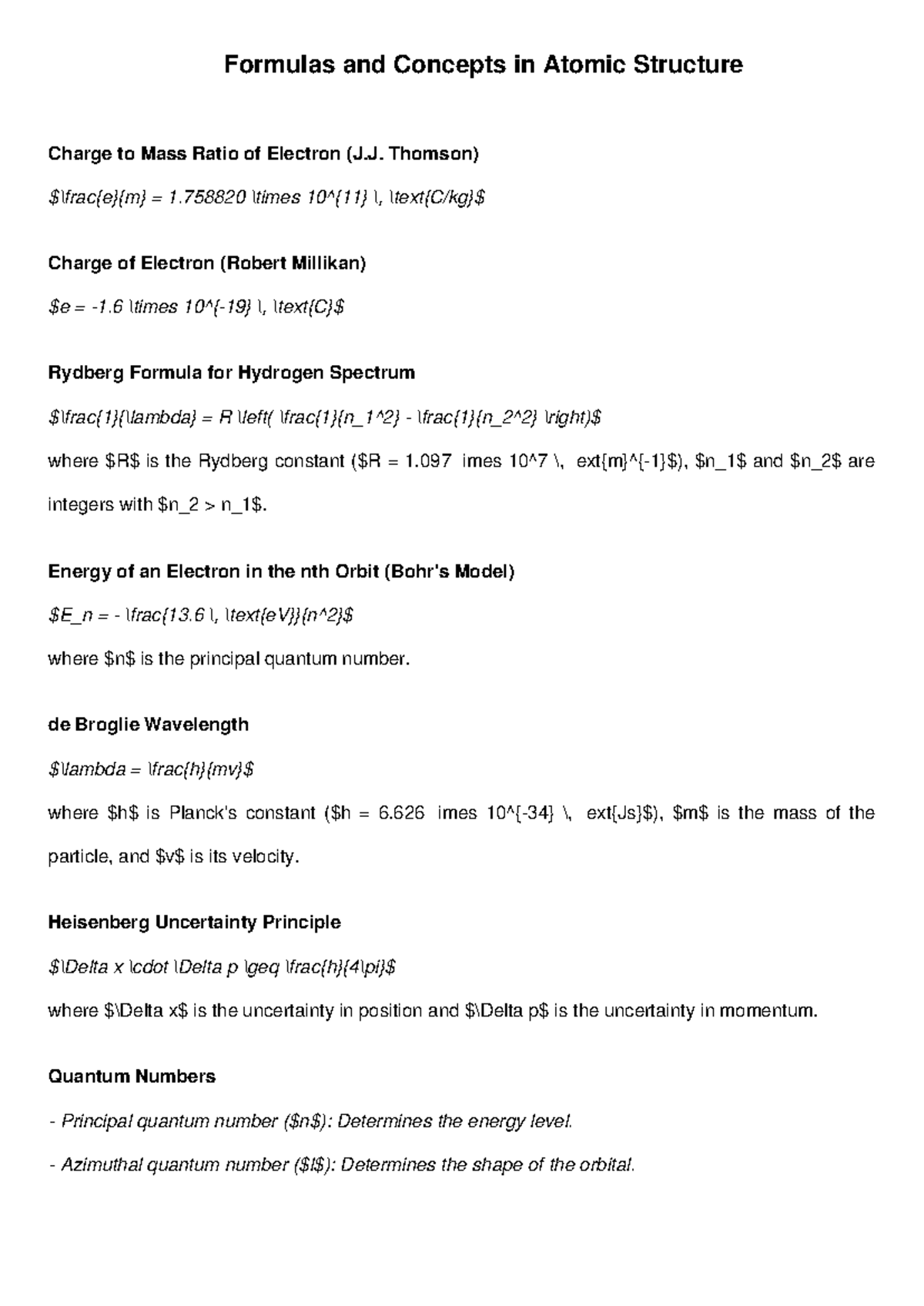 Atomic structure formulas1 - Formulas and Concepts in Atomic Structure ...