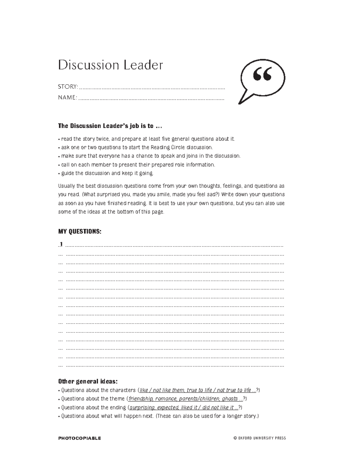 Discussion Leader .. PHOTOCOPIABLE © OXFORD UNIVERSITY PRESS
