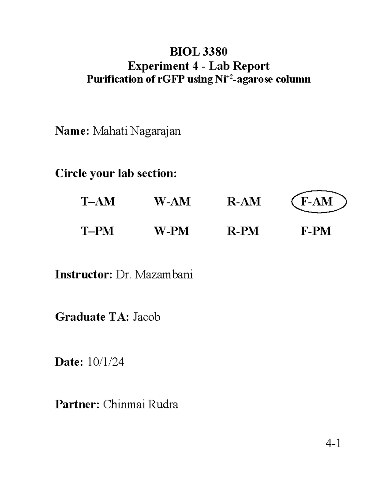 Lab+4+Report+F24+ - lecture notes - BIOL 3380 Experiment 4 - Lab Report ...