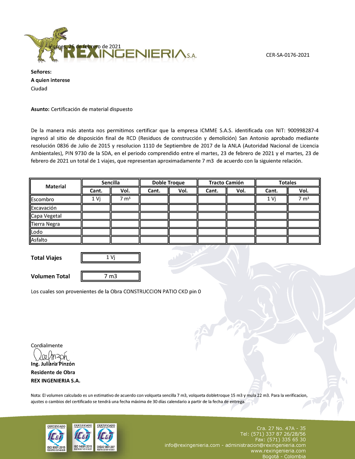 Modelo de certificación de RCD - Cra. 27 No. 47A - 35 Tel: (571) 337 87  26/28/ Fax: (571) 335 65 30 - Studocu