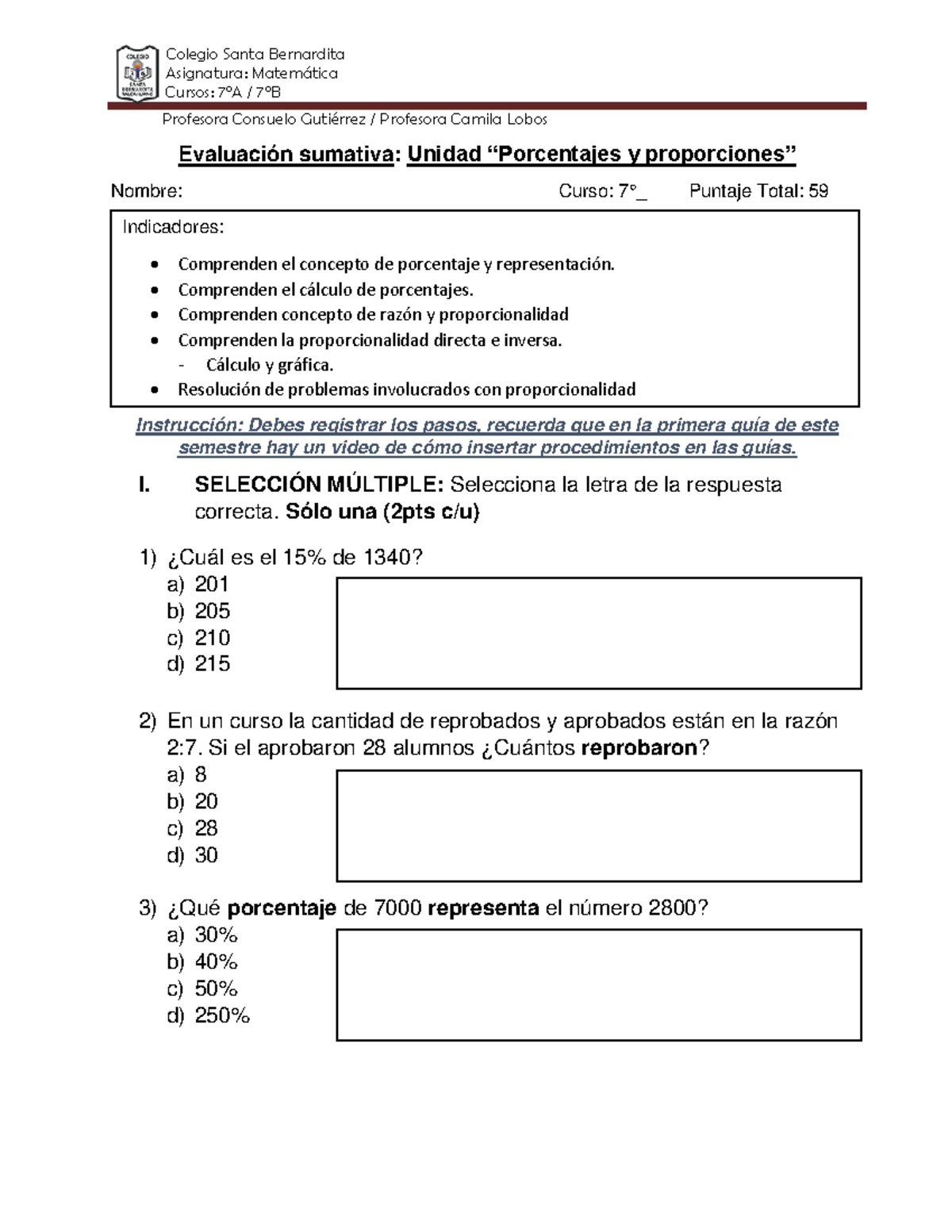 Evaluacion Sumativa 7°A 7°B Matematica - Colegio Santa Bernardita ...