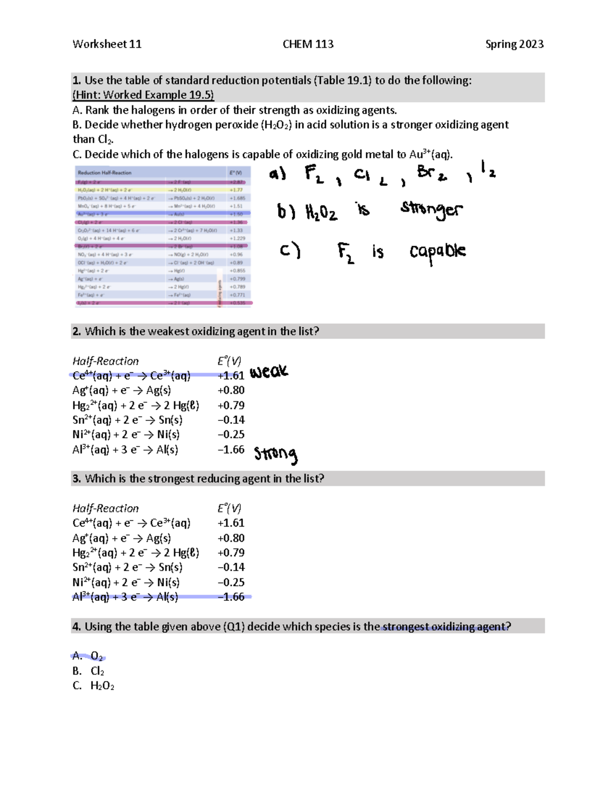 Worksheet+12 - Chem 113 - Use the table of standard reduction ...
