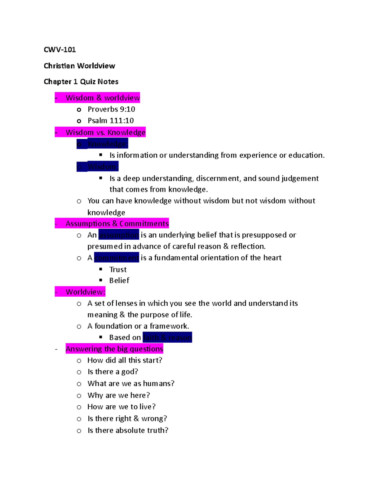 CWV-101 CH 1 QUIZ - Christian Worldview Notes Chapter 1 Quiz - CWV ...