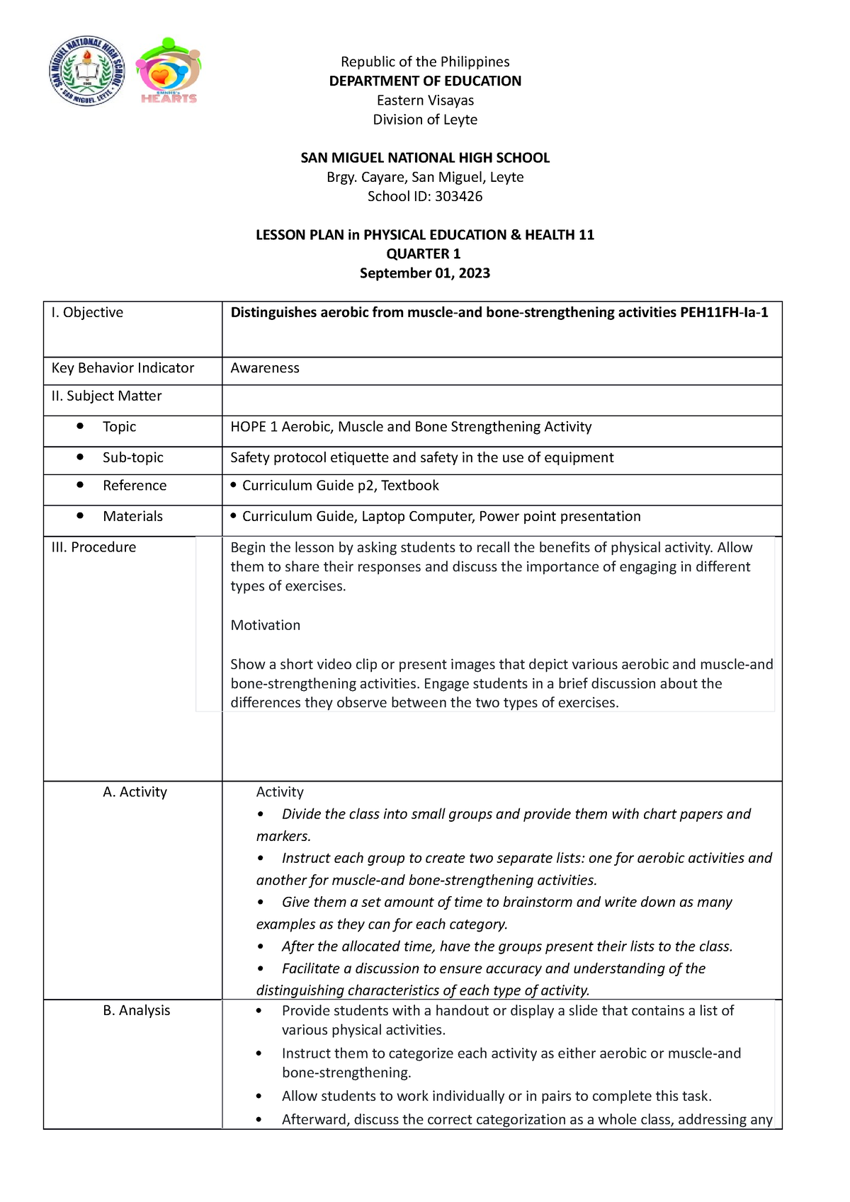 PE11 L1 Aerobic Activity - Republic of the Philippines DEPARTMENT OF ...