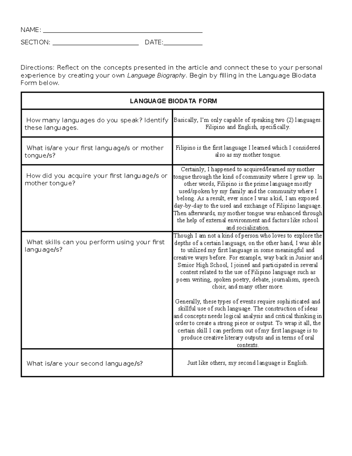 Puposive-communication language-biography - NAME: SECTION: DATE ...