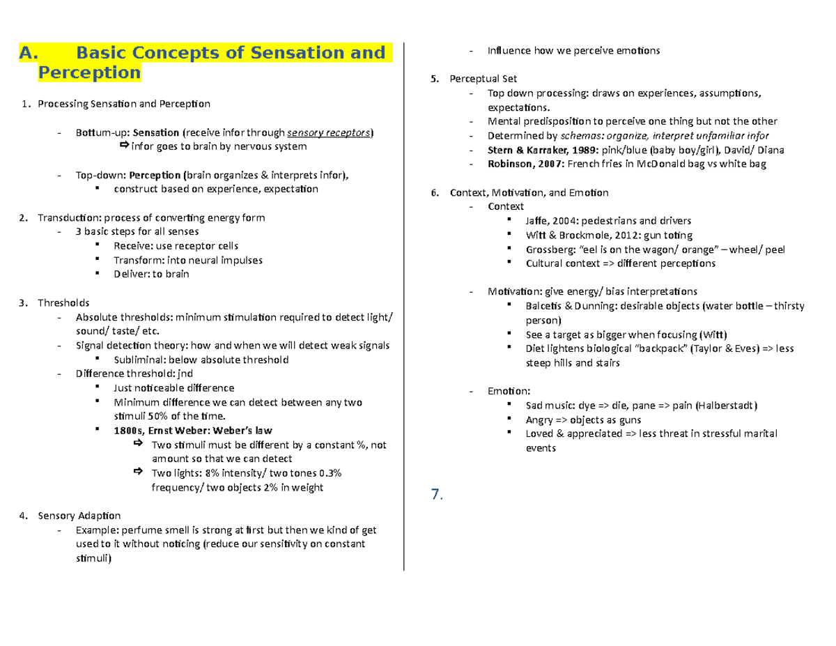 Sensation And Perception - A. Basic Concepts Of Sensation And ...