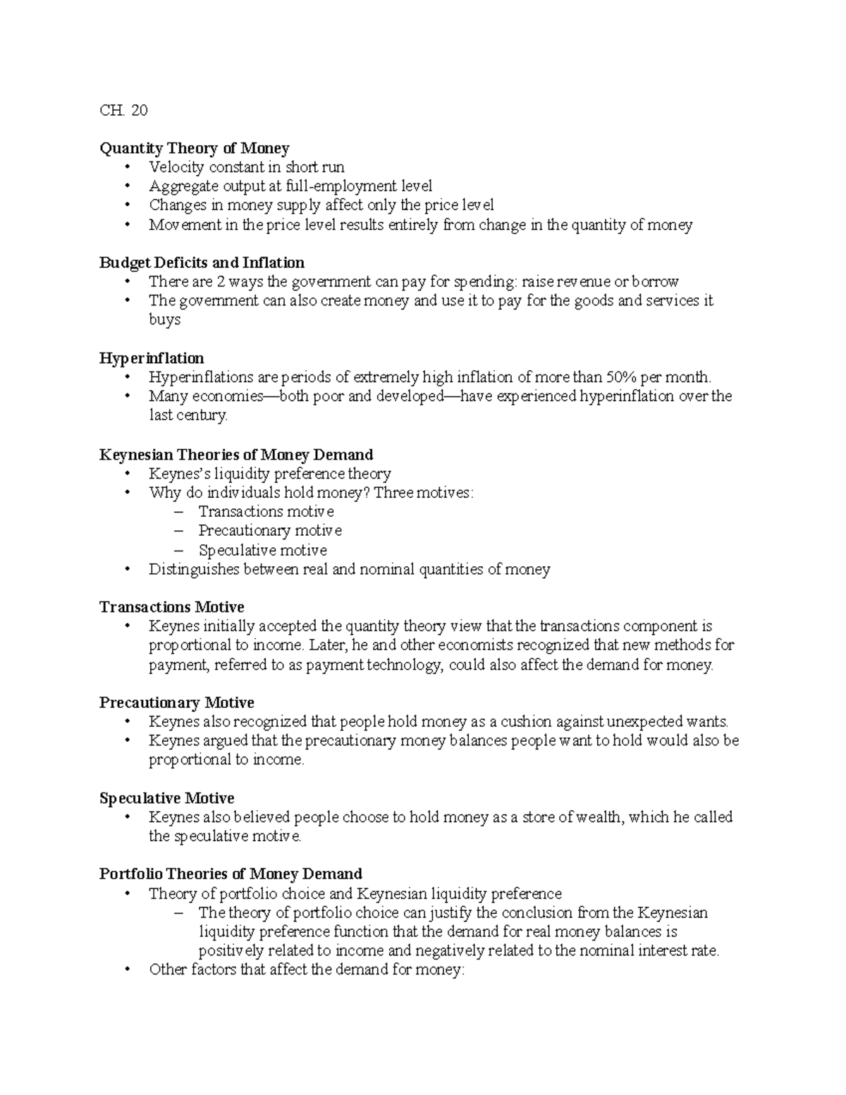 CHAPTER SUMMARIES CH. 20 Quantity Theory of Money • Velocity constant