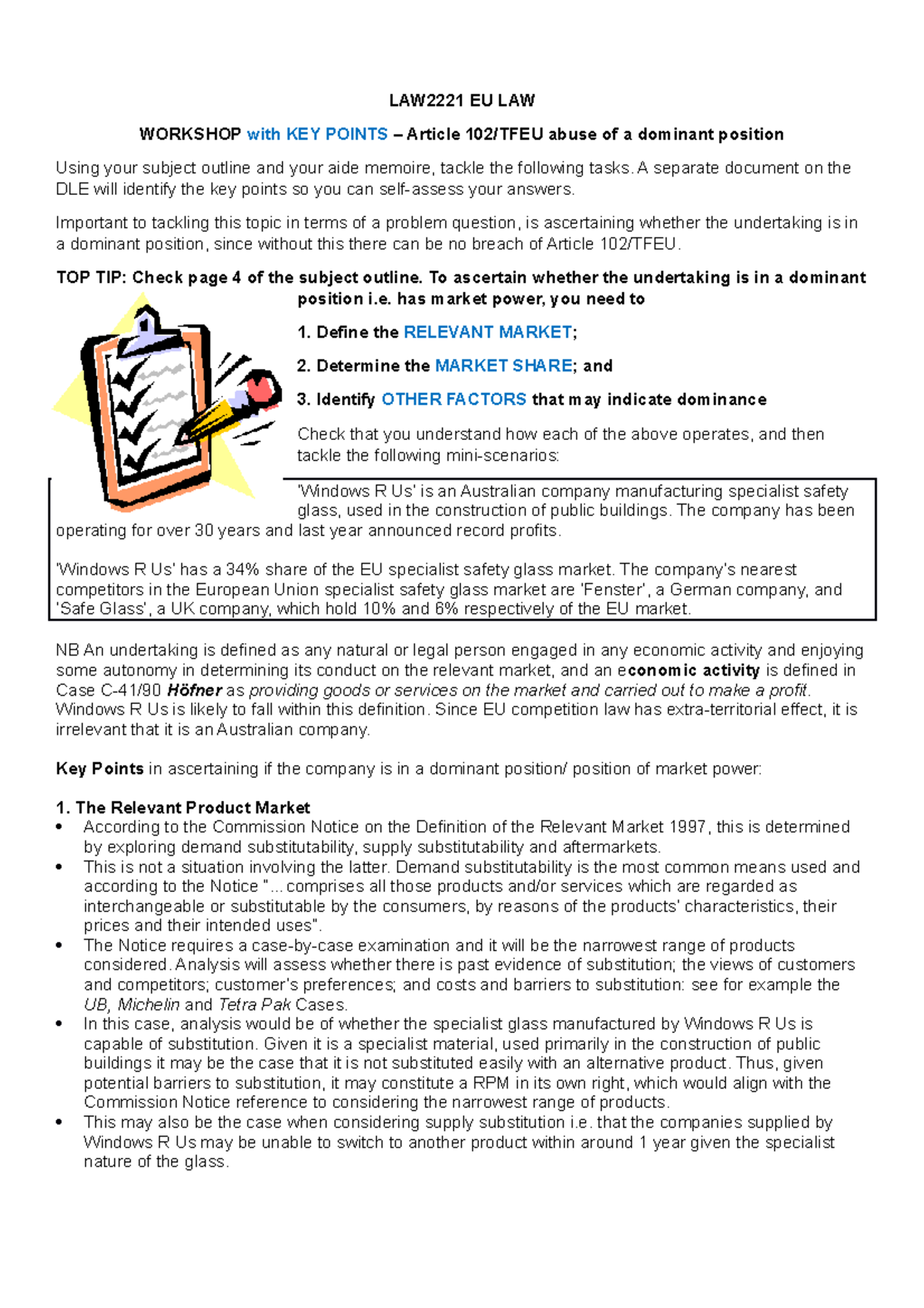 Article 102 TFEU- Key Points - LAW2221 EU LAW WORKSHOP With KEY POINTS ...