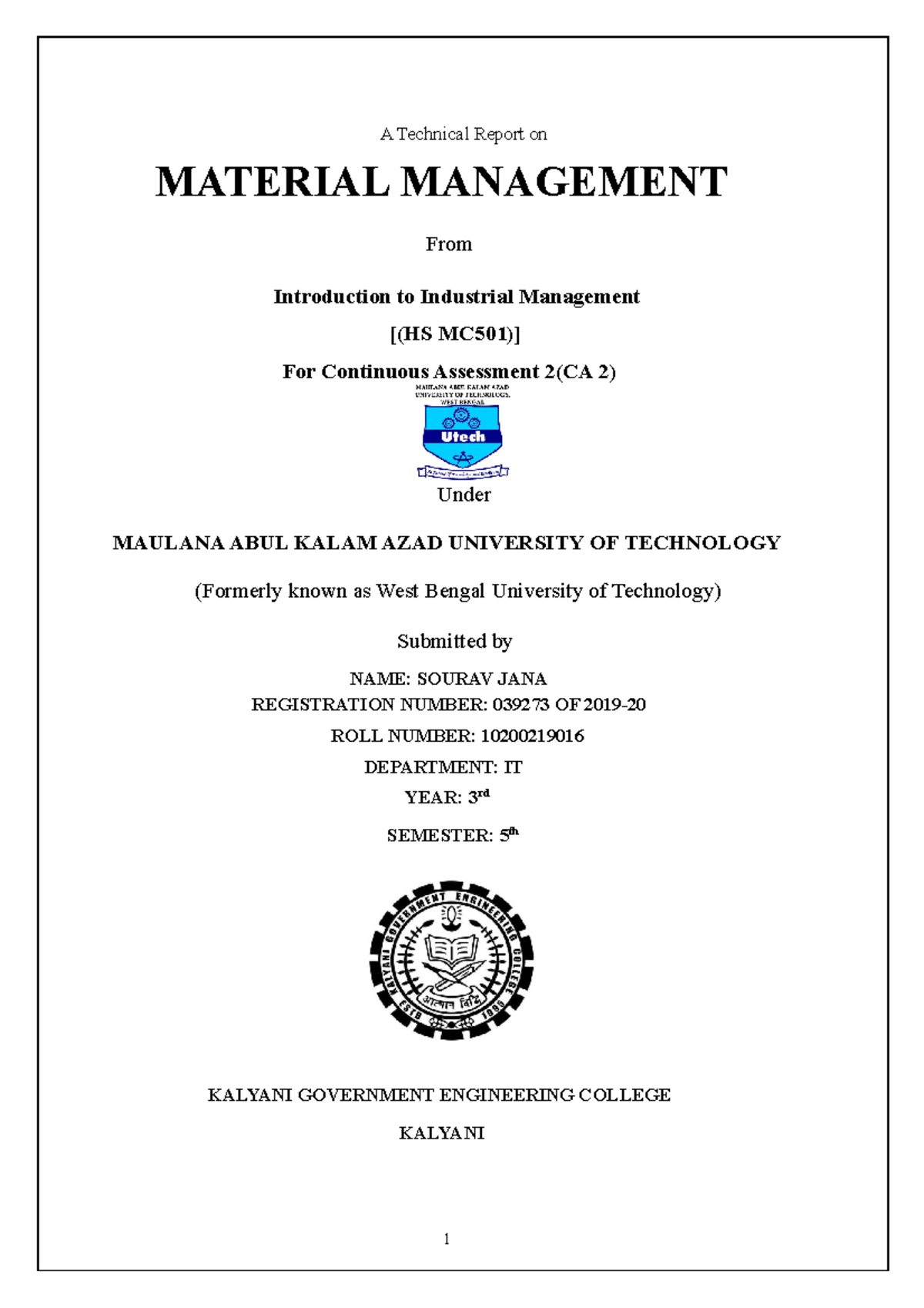 Management CA2 iam not a teacher A Technical Report on MATERIAL