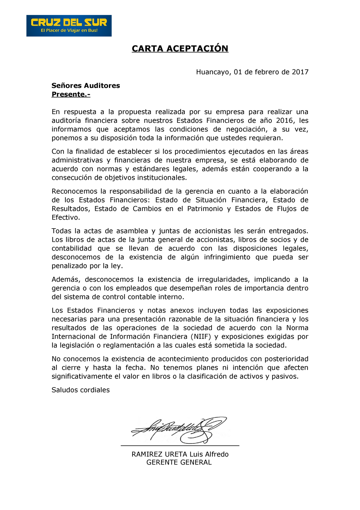 Carta Aceptacion Carta AceptaciÓn Huancayo 01 De Febrero De 2017