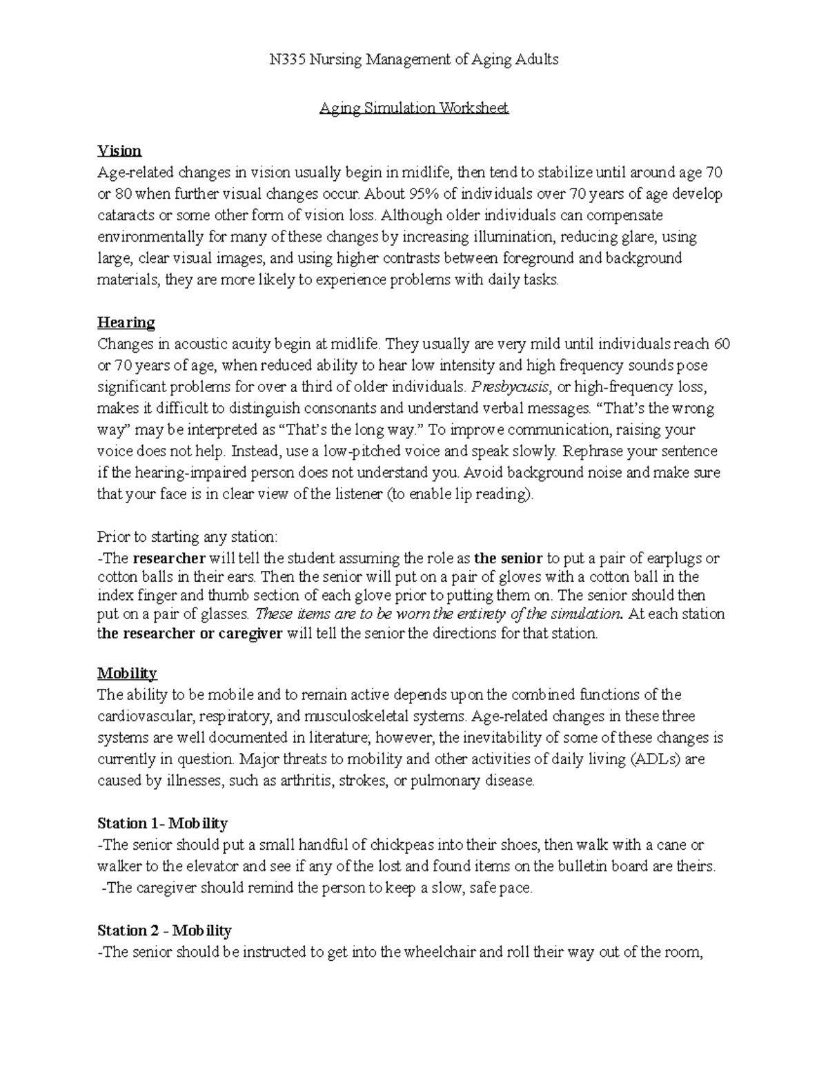 Aging Simulation Worksheet - N335 Nursing Management of Aging Adults ...