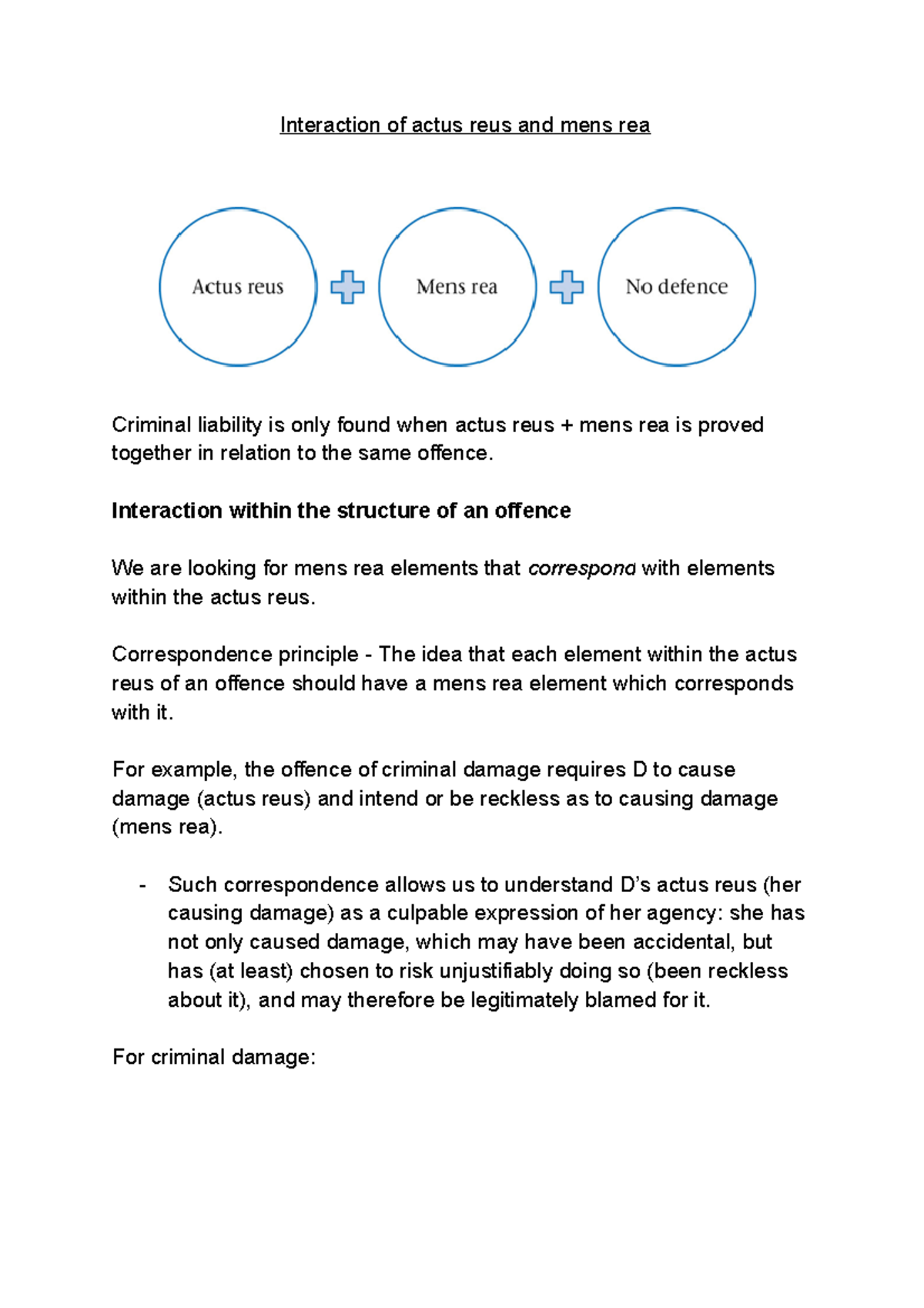 Interaction Between Actus Reus And Mens Rea Interaction Of Actus Reus