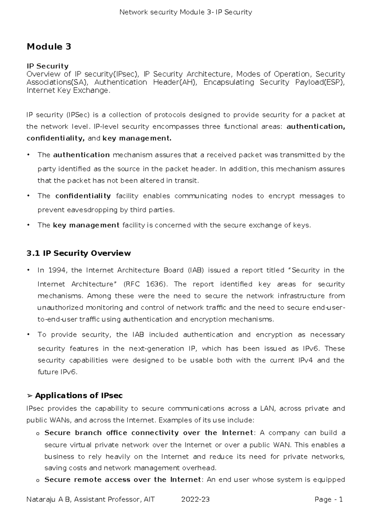 18EC821- Network Security - Module 3 IP-Security - Module 3 IP Security ...