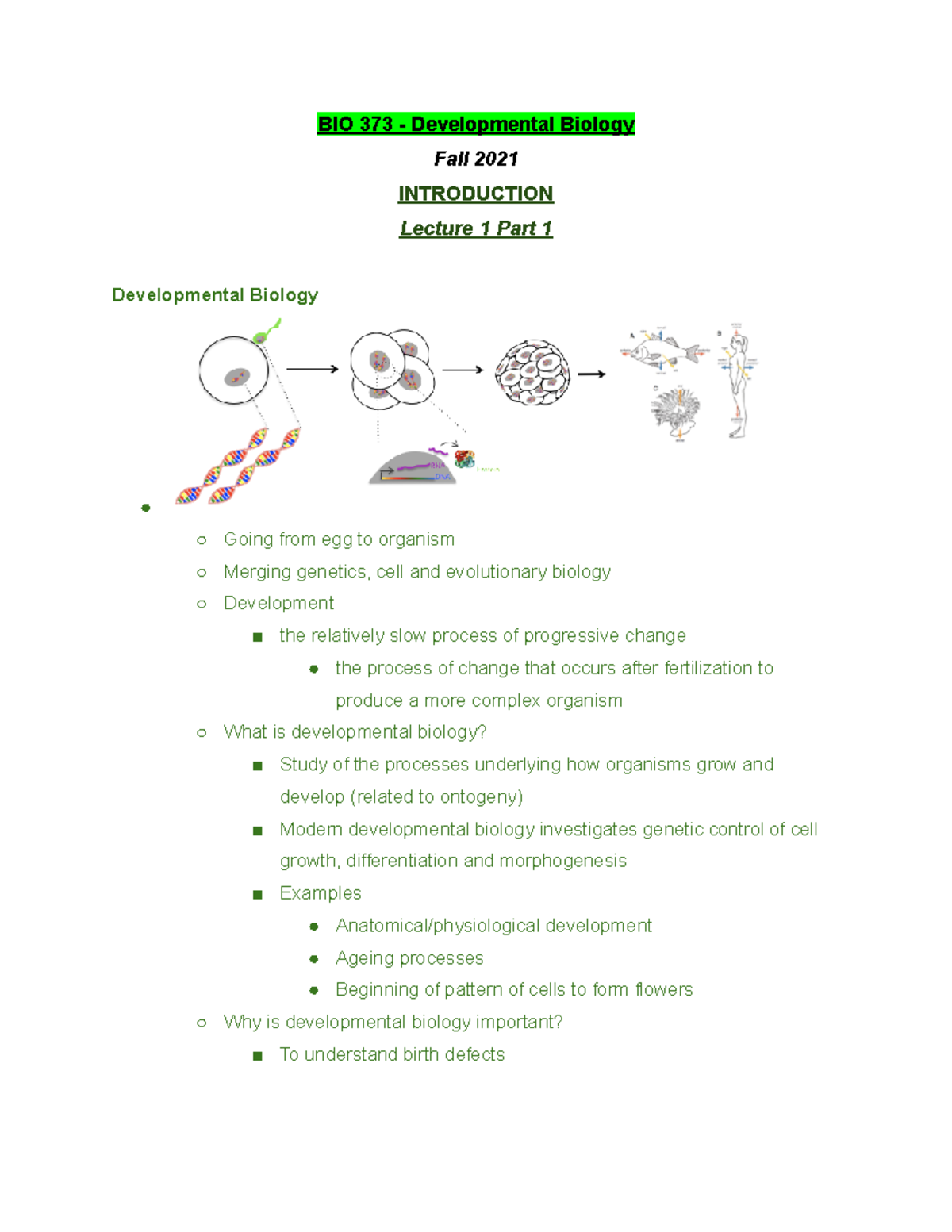 BIO 373 Lecture 1 Part 1 - Fall 2021 - BIO 373 - Developmental Biology ...