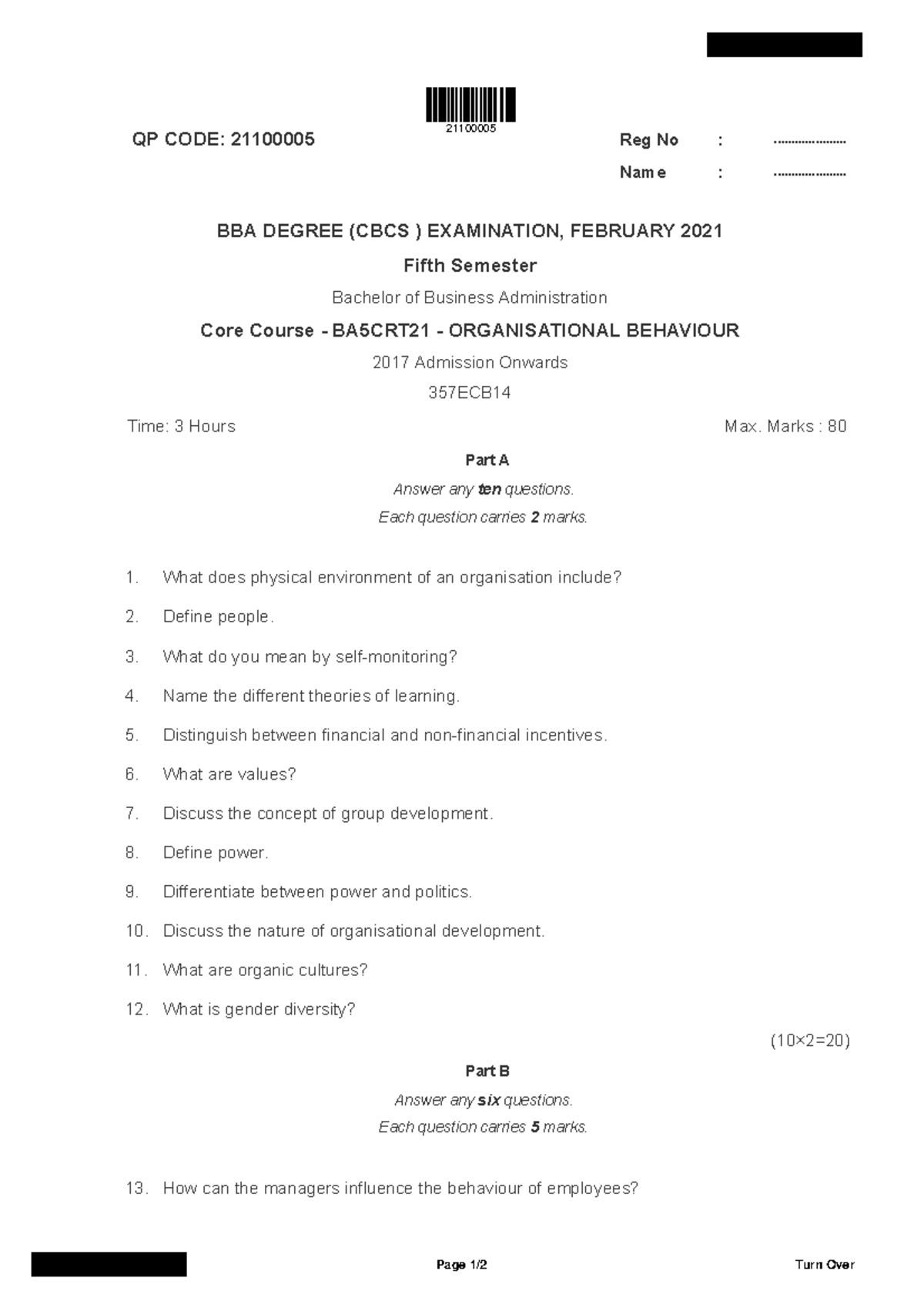 Bba 5 sem organisational behaviour 21100005 feb 2021 - QP CODE ...