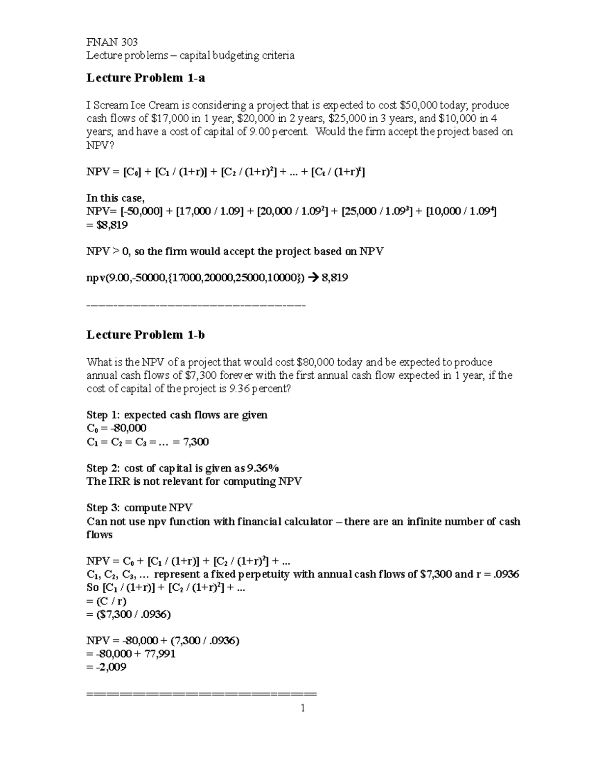 Capital Budgeting Criteria Lecture Problems Solutions - Lecture ...