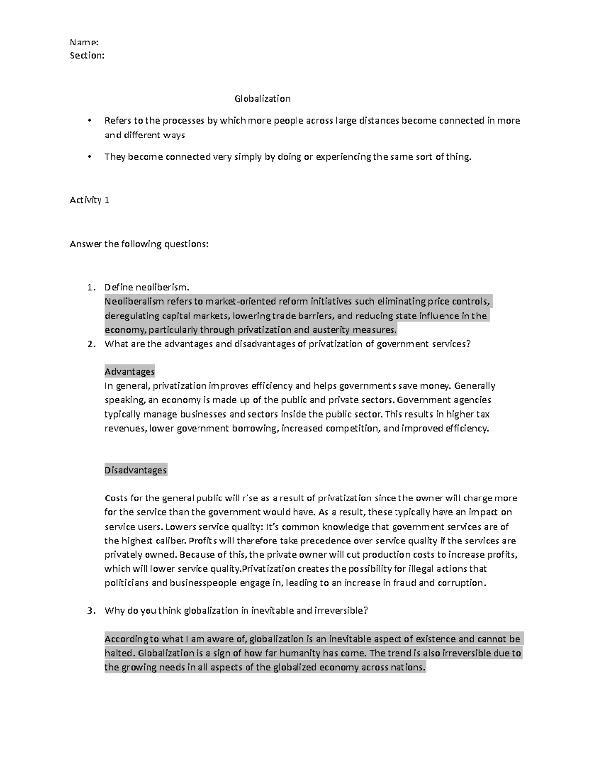 Activity 1 Contemporary - Name: Section: Globalization Refers to the ...