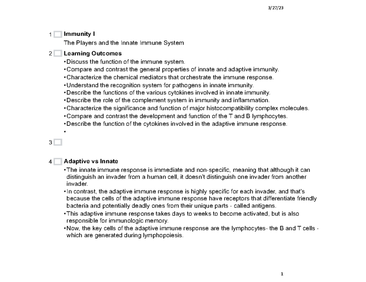 JSImmunity+Part+1+2023 - 3/27/ 1 Immunity I The Players and the Innate ...