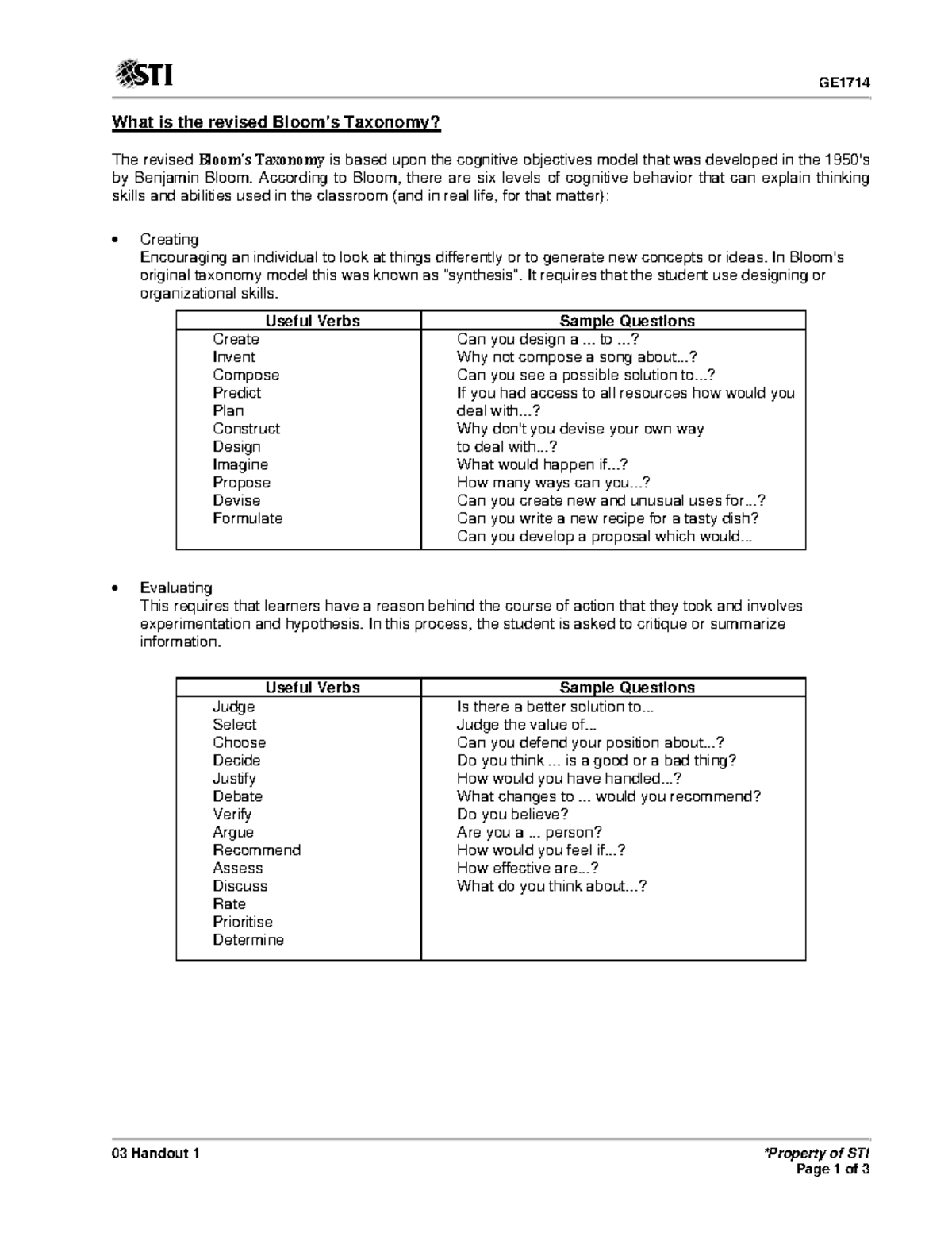 Blooms-Taxonomy - bloom taxonomy reviewer - GE 03 Handout 1 *Property ...