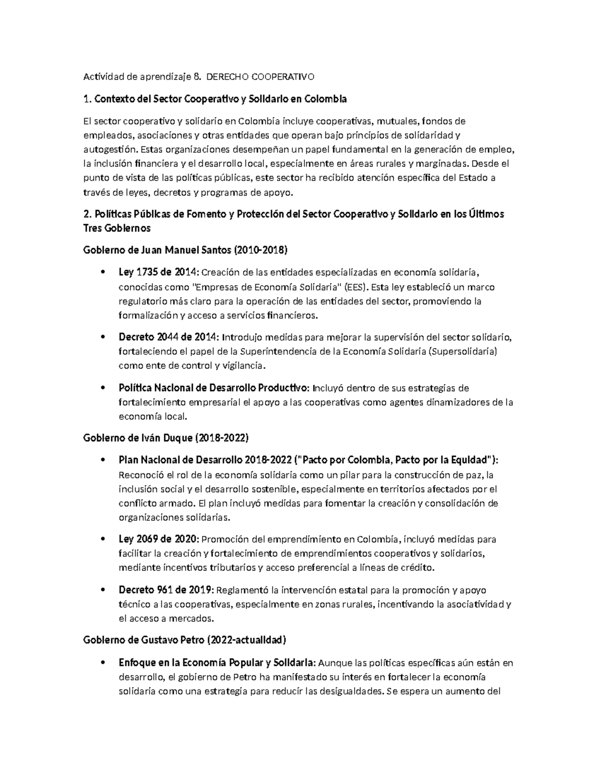 Actividad de aprendizaje 8 - DERECHO COOPERATIVO Contexto del Sector ...