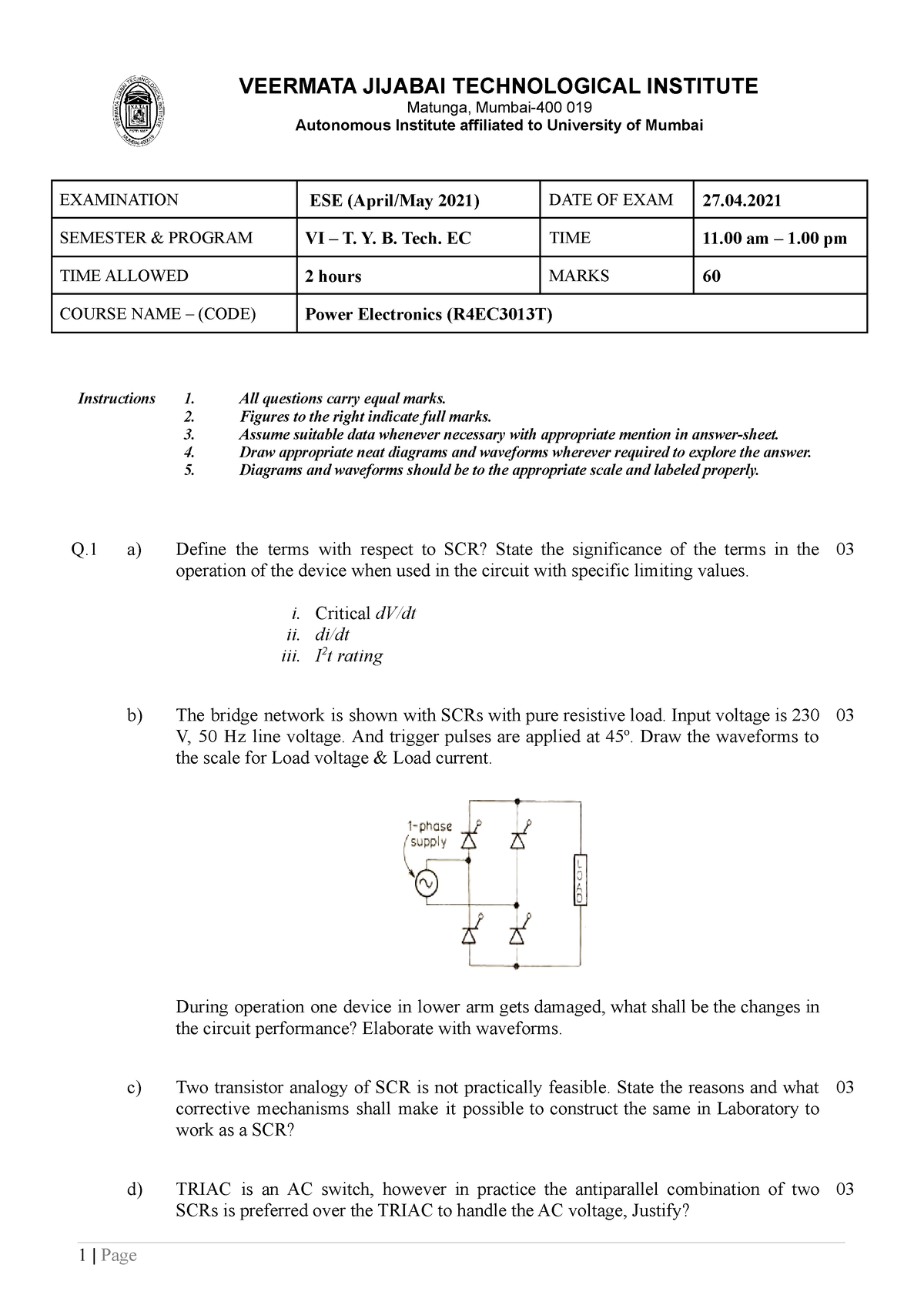 Power Electronics Question Paper Difficult - VEERMATA JIJABAI ...