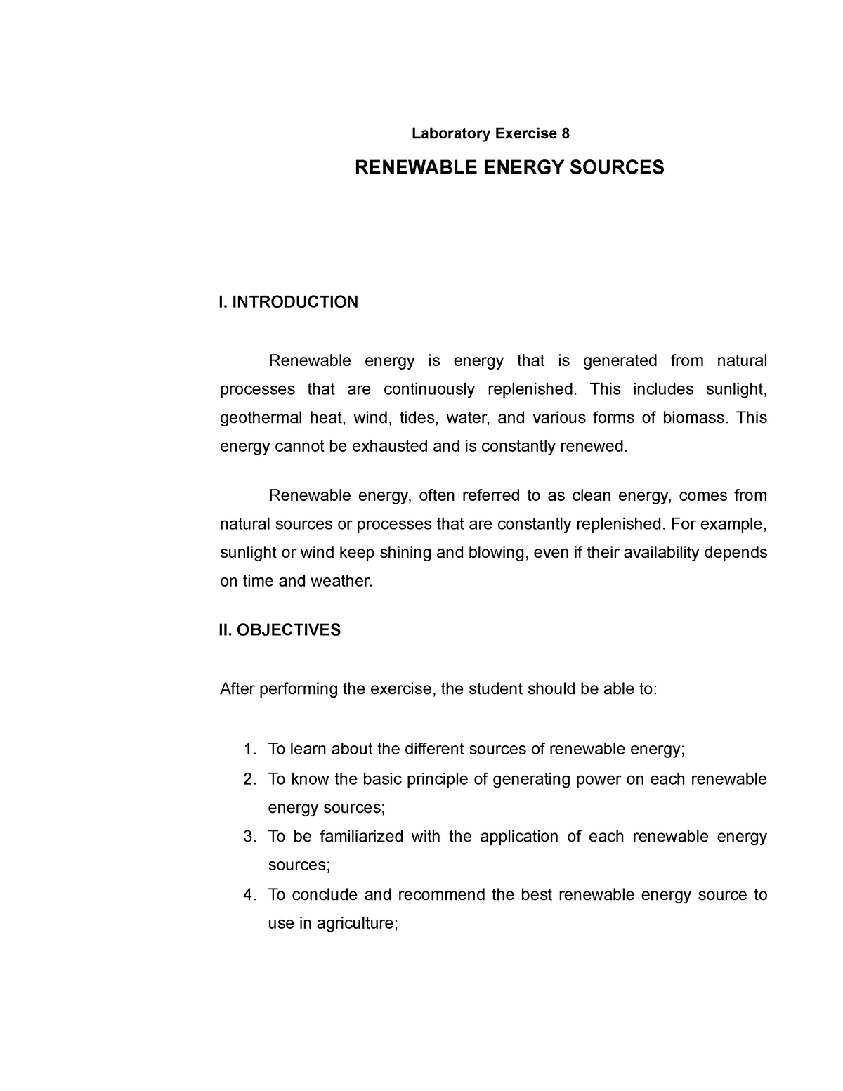 Renewable Energy Resources T12 - Laboratory Exercise 8 RENEWABLE ENERGY ...