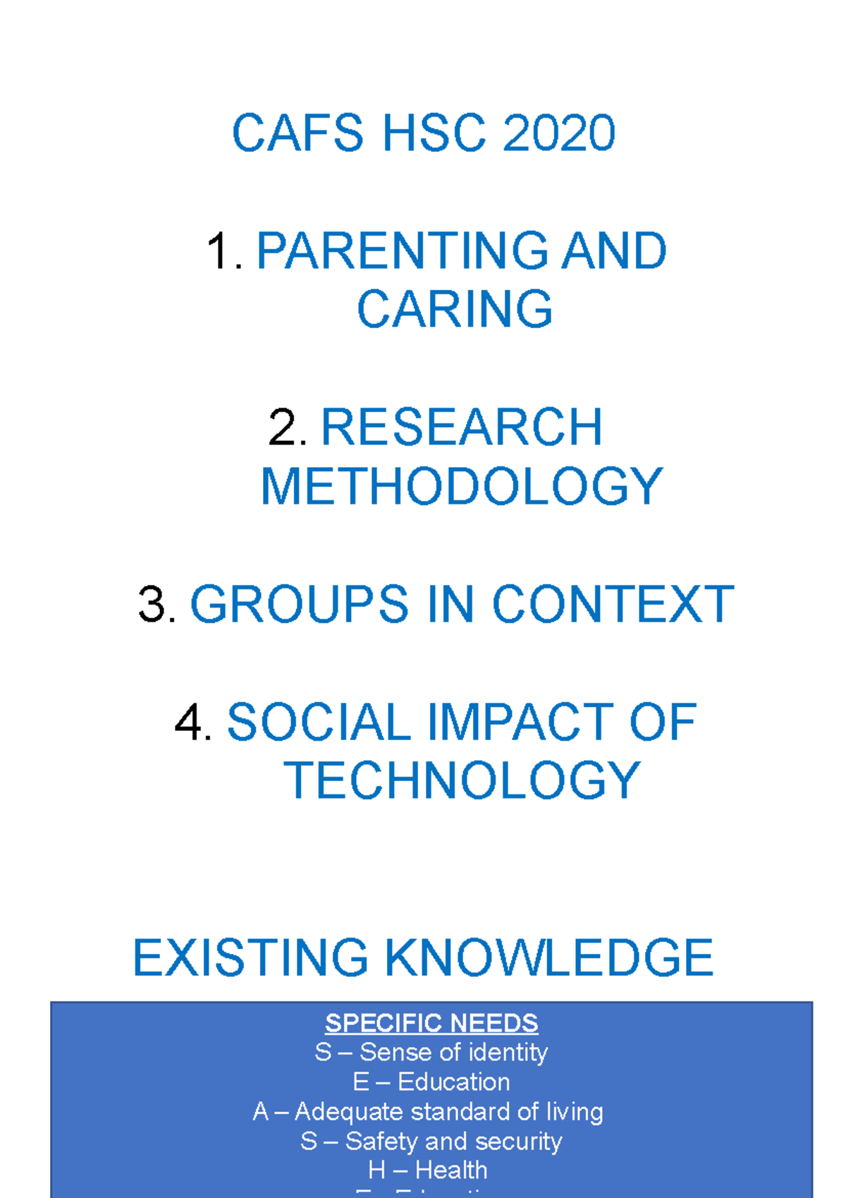 CAFS-HSC-2020 - Notes - CAFS HSC 2020 1. PARENTING AND CARING 2 ...