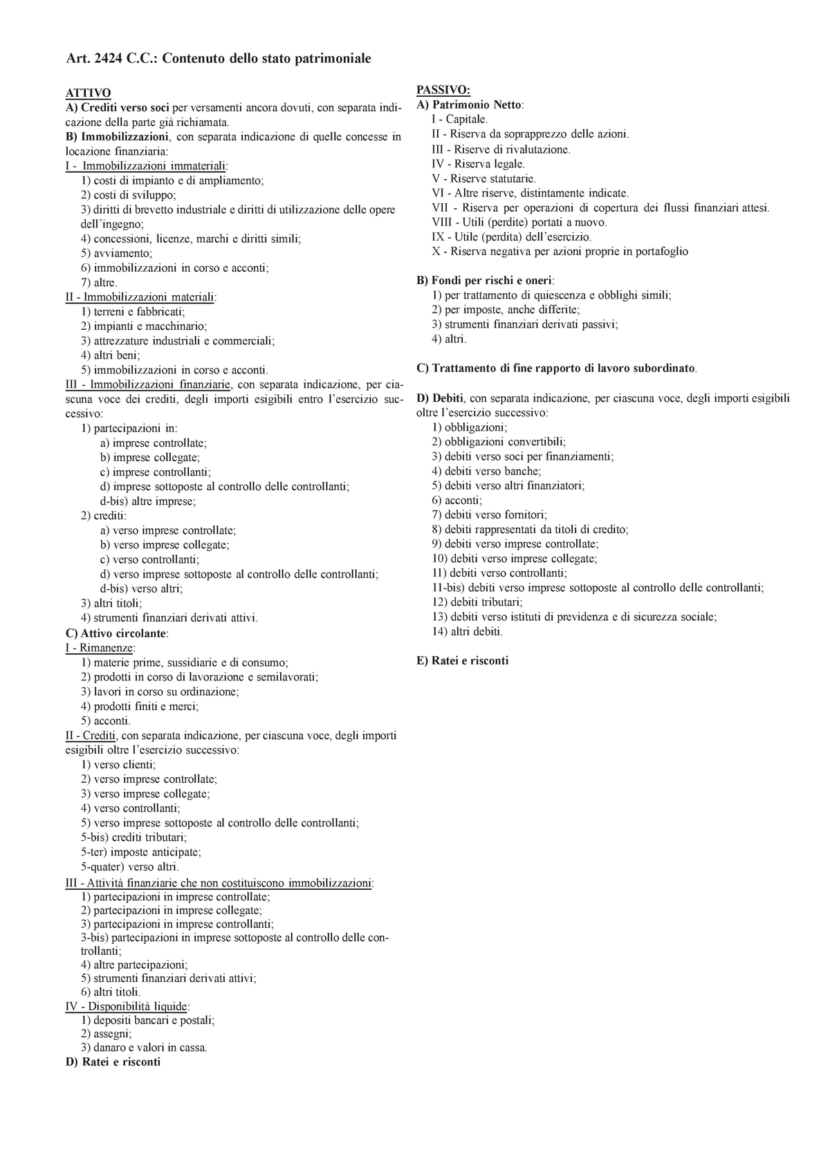 SP E CE - SP E CE Civilistici - Art. 2424 C.: Contenuto Dello Stato ...