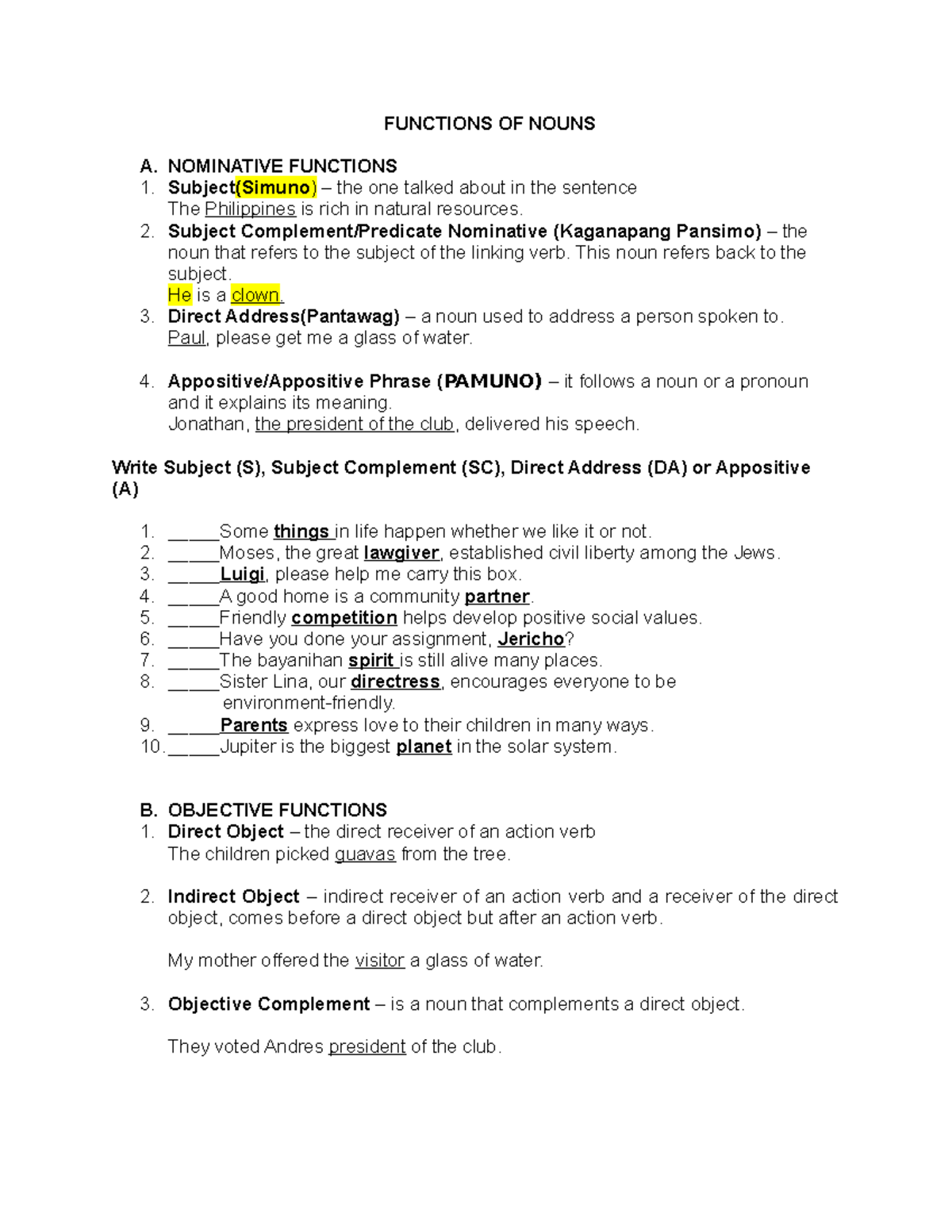 Worksheet On Nominative Functions Of Nouns For Grade 4