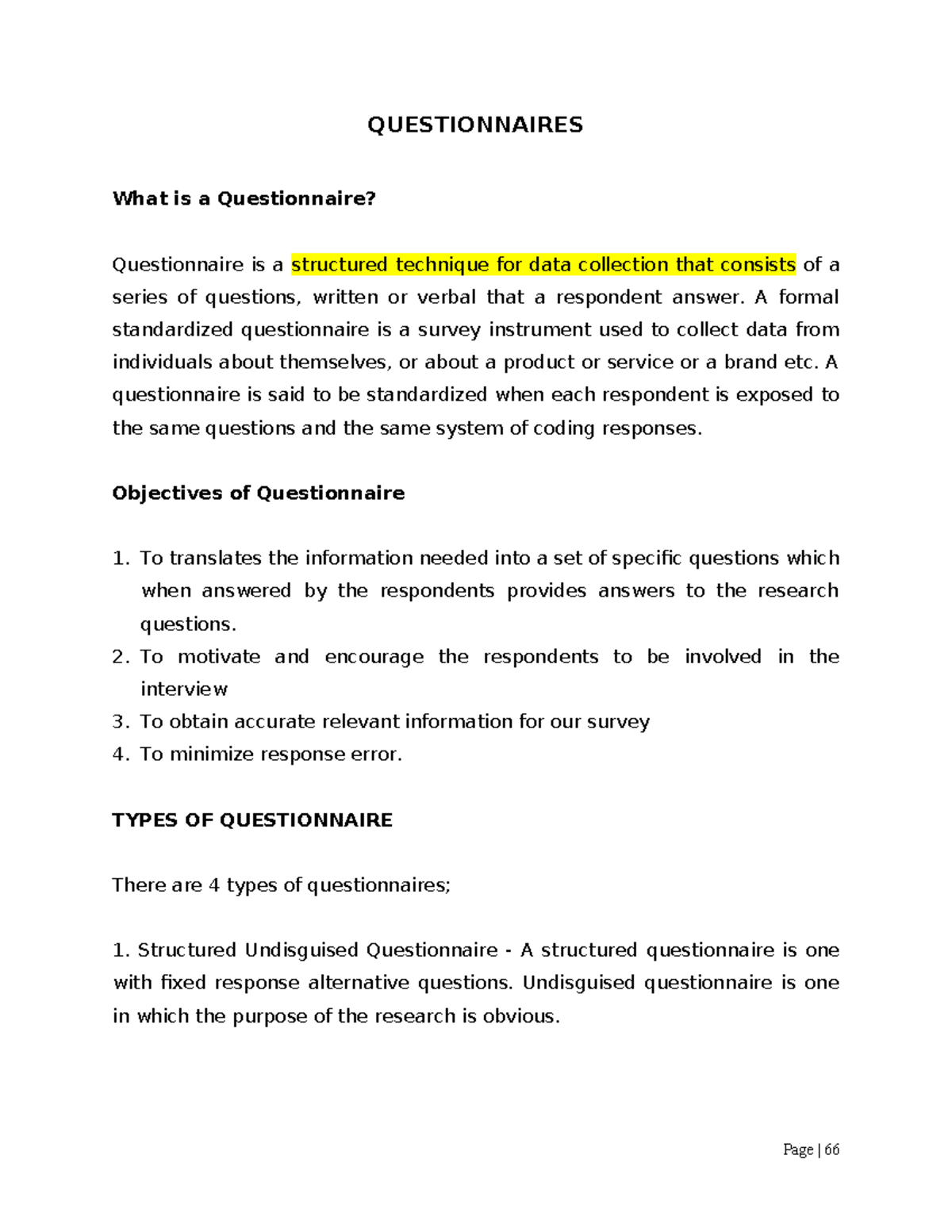Questionnaire, Measurement AND Field WORK - QUESTIONNAIRES What is a ...