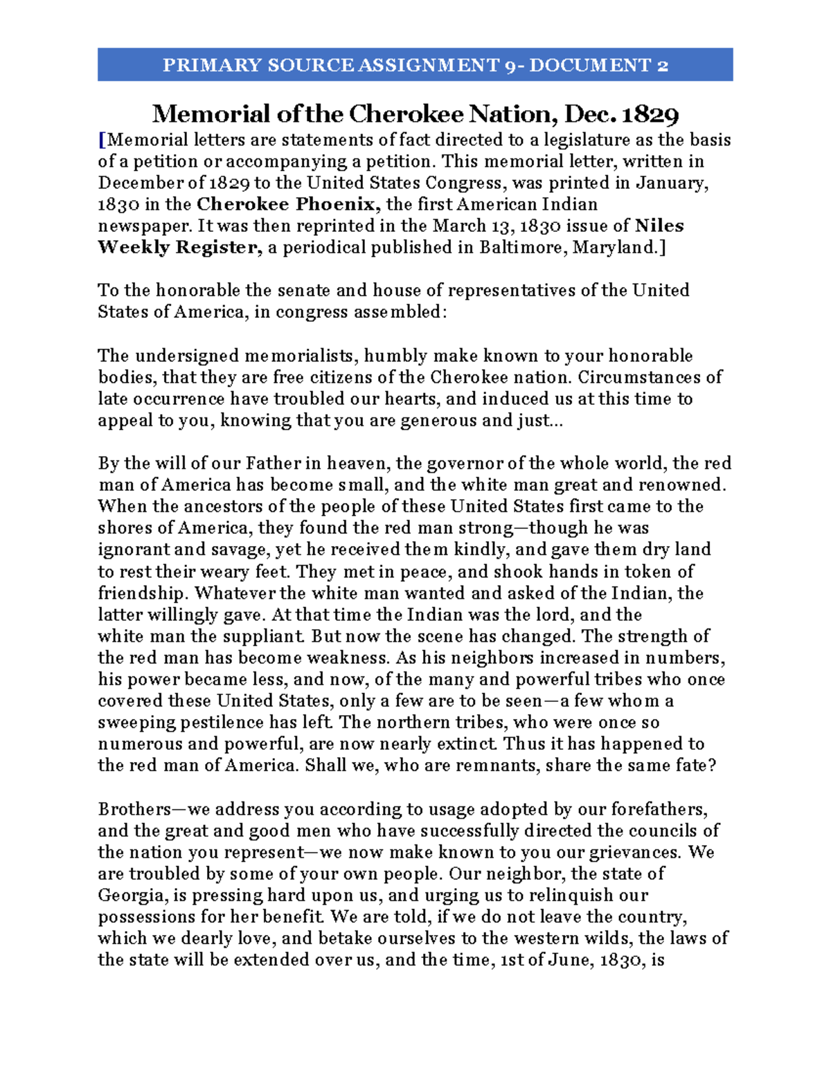 Memorial of the Cherokee Nation 1829 [Memorial letters are statements