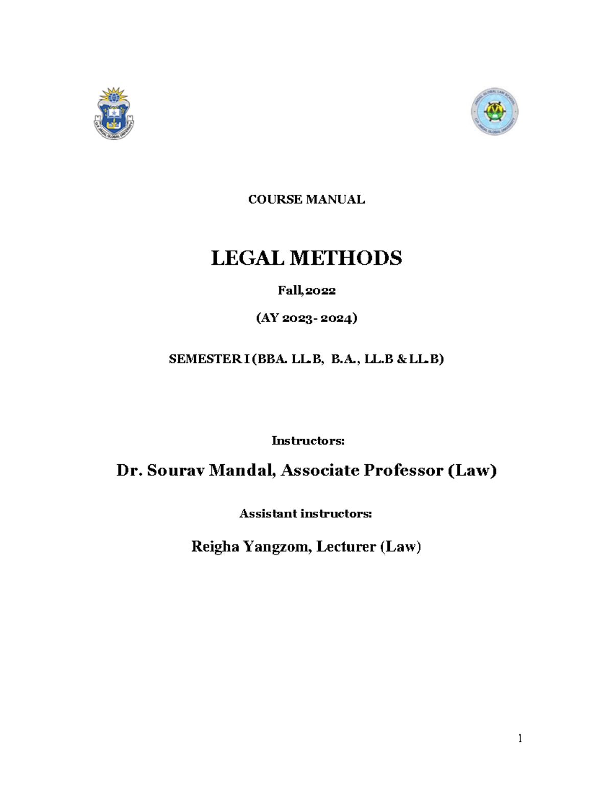 Course Manual-Legal Methods Fall 2023 - COURSE MANUAL LEGAL METHODS ...