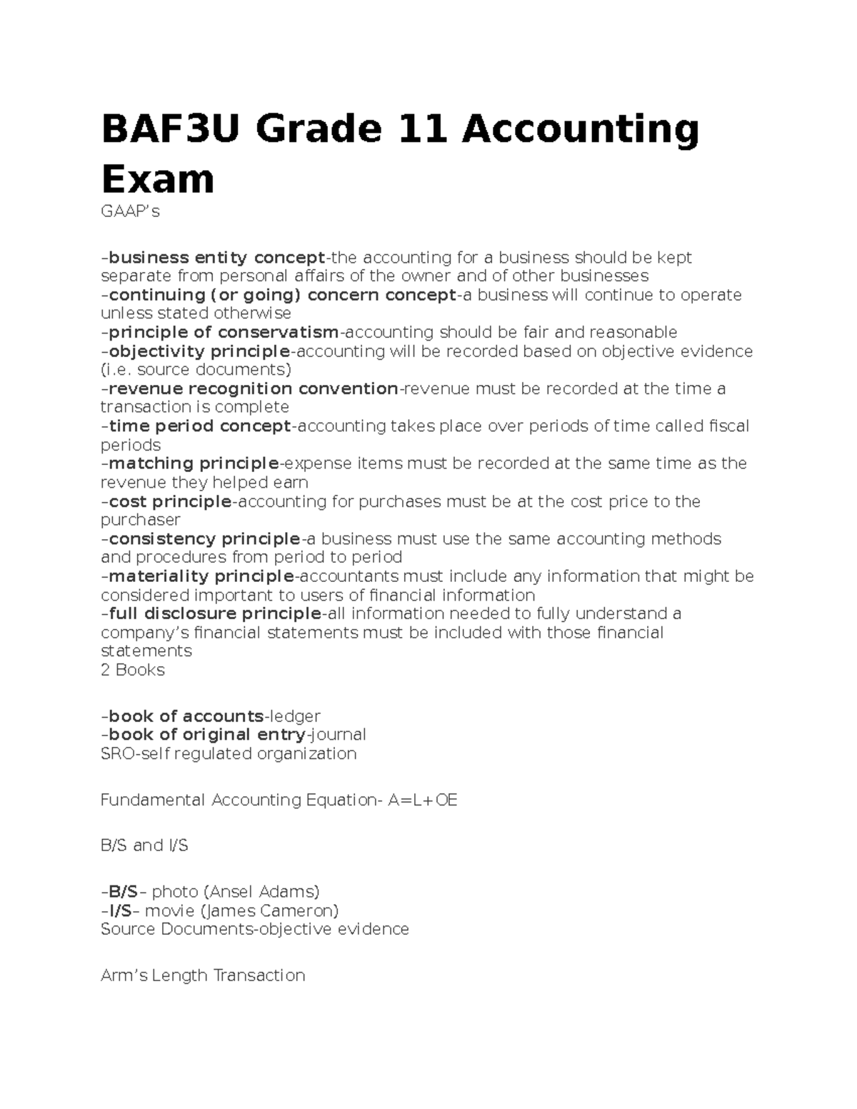 BAF3U Grade 11 Accounting Exam - BAF3U Grade 11 Accounting Exam GAAP’s ...