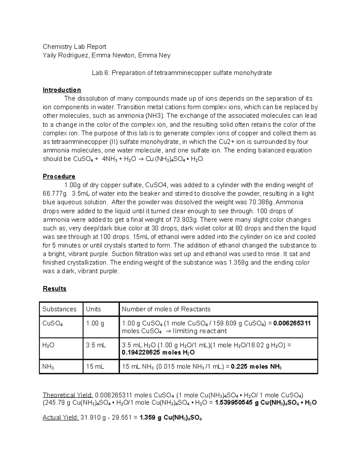 Lab 6 Report Chemistry Lab Report Yaily Rodriguez, Emma Newton, Emma Ney Lab 6 Preparation of