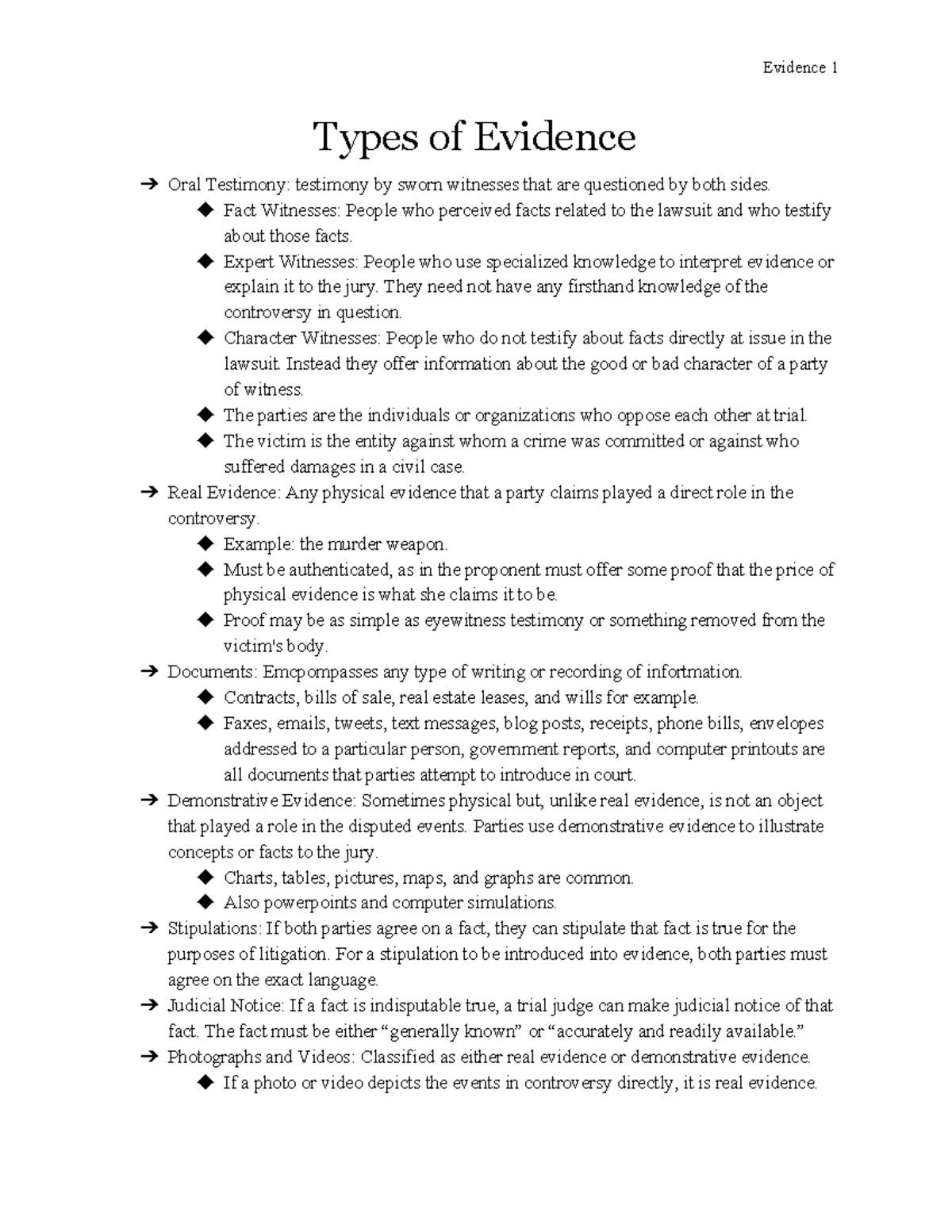 Evidence Notes Types of Evidence Oral Testimony testimony by sworn