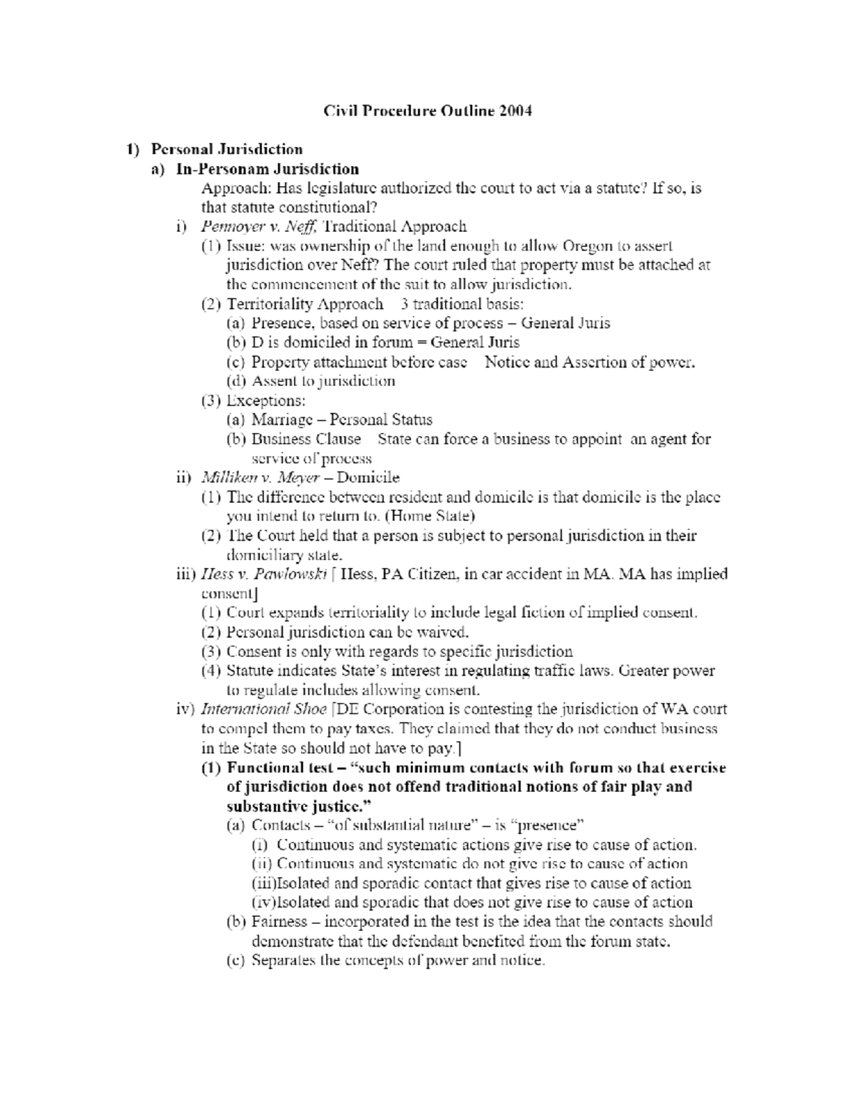 Civil Procedure Outline 2004 1) Personal Jurisdiction A) In-Personam ...